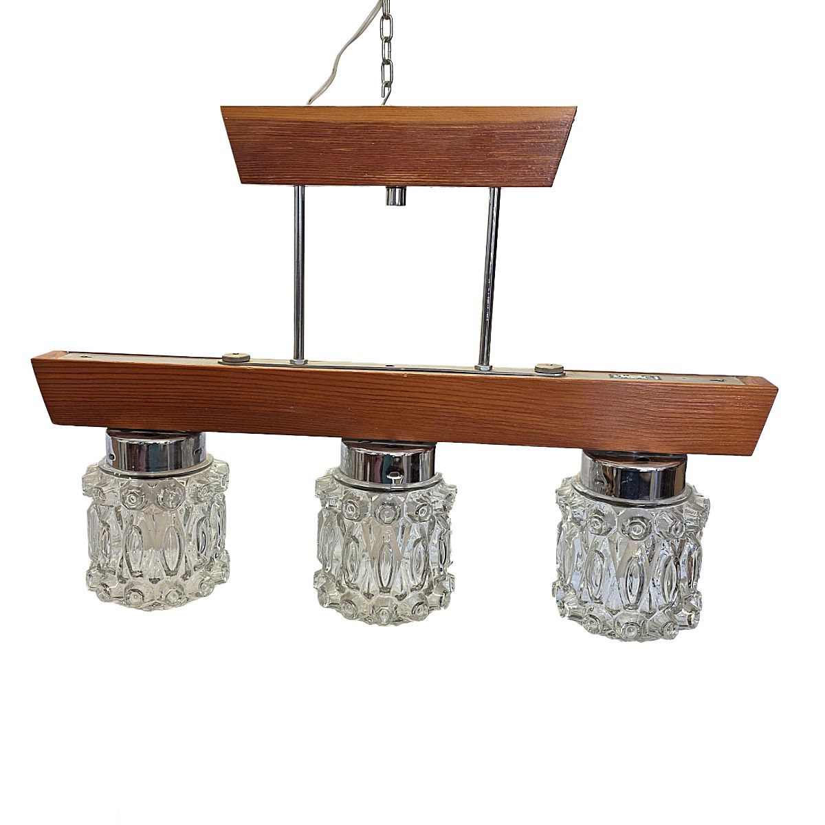 Mid-Century Hanglamp met Houten Frame en Drie Persglazen Kappen, jaren 1970