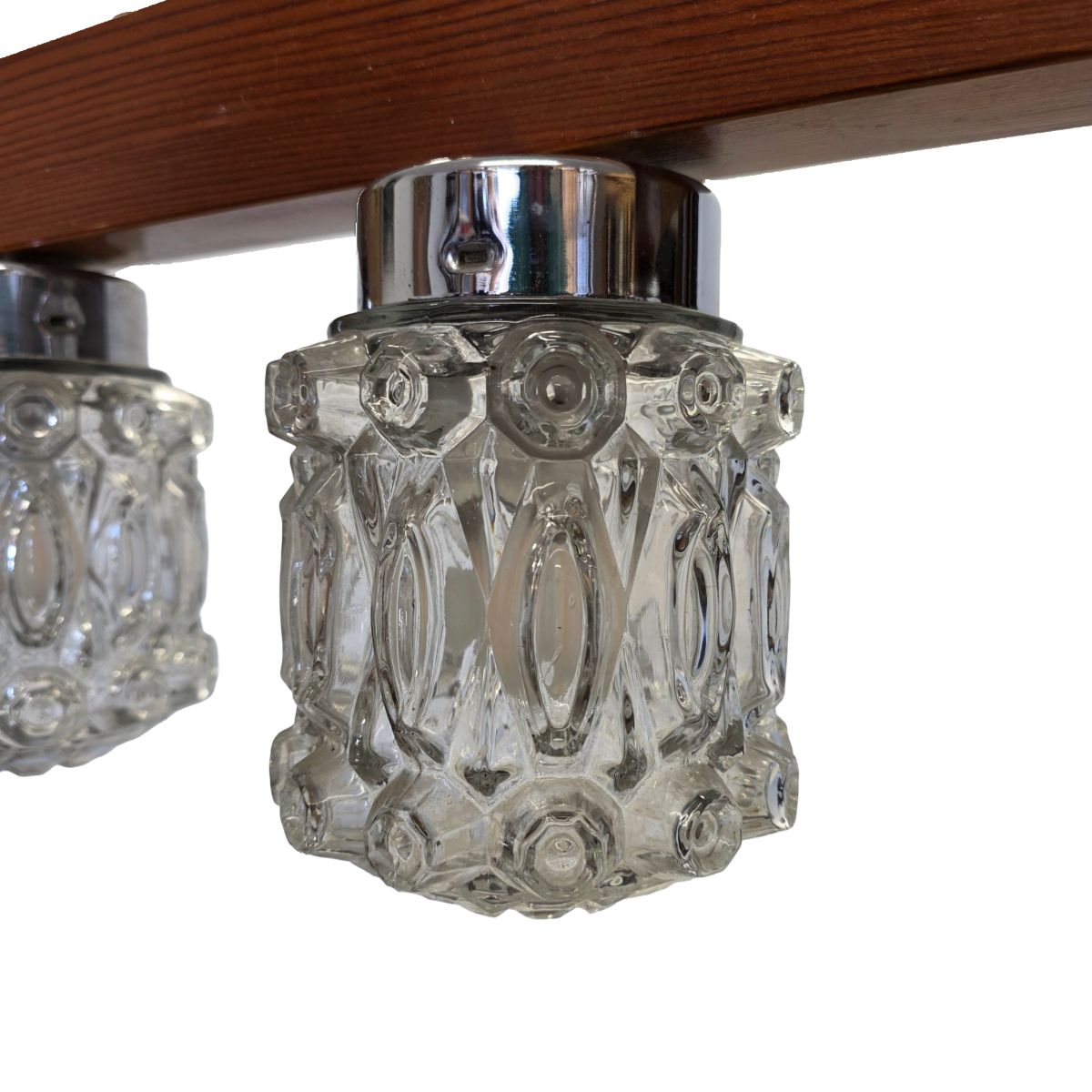 Mid Century Pendant Lamp With Wooden Frame And Three Pressed Glass Shades, 1970s photo Lighting