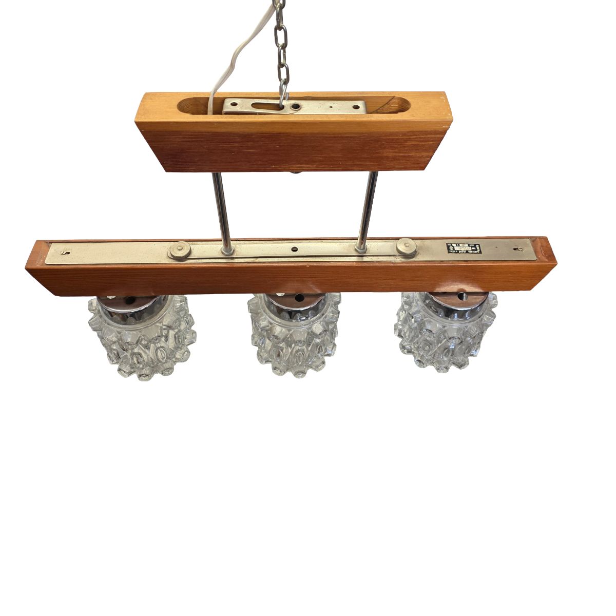 Mid Century Pendant Lamp With Wooden Frame And Three Pressed Glass Shades, 1970s photo 195.0
