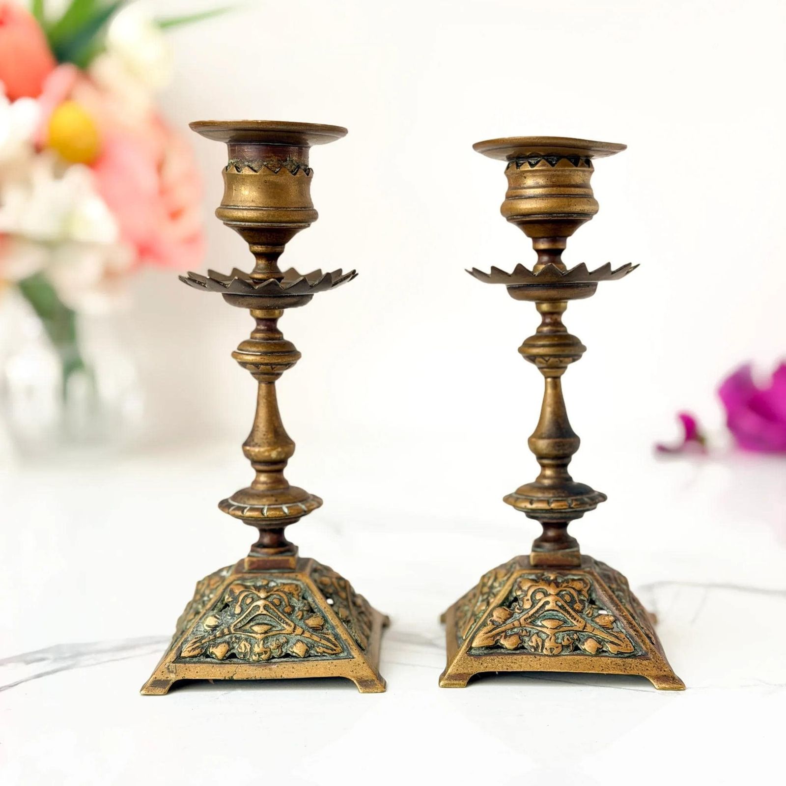 Antique Victorian Brass Candlesticks Ornate Face Mask Holders C.1880