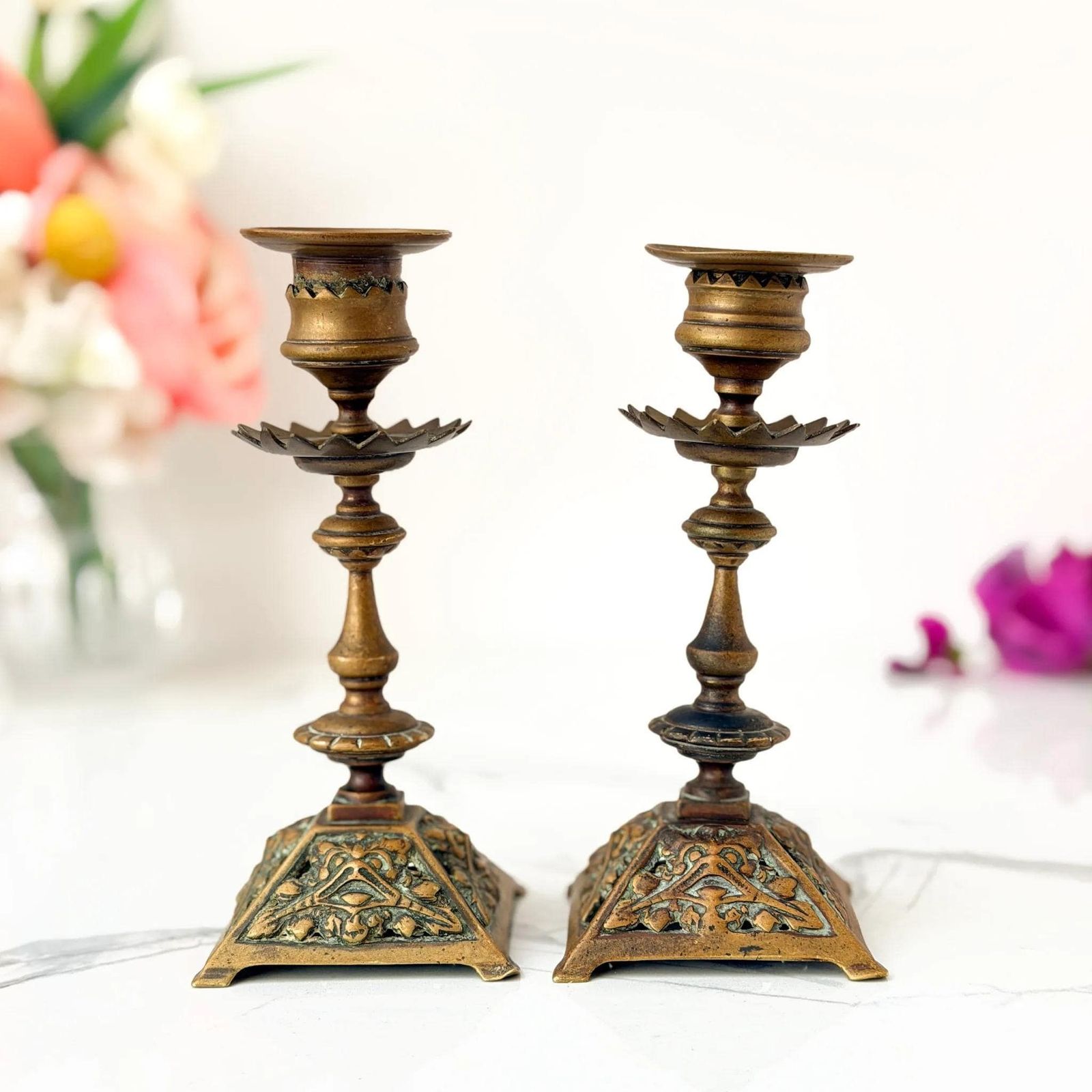 Antique Victorian Brass Candlesticks Ornate Face Mask Holders C.1880 photo furniture