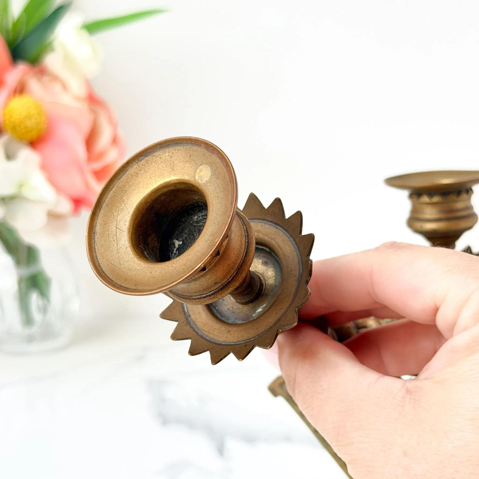 Antique Victorian Brass Candlesticks Ornate Face Mask Holders C.1880 photo vinterior