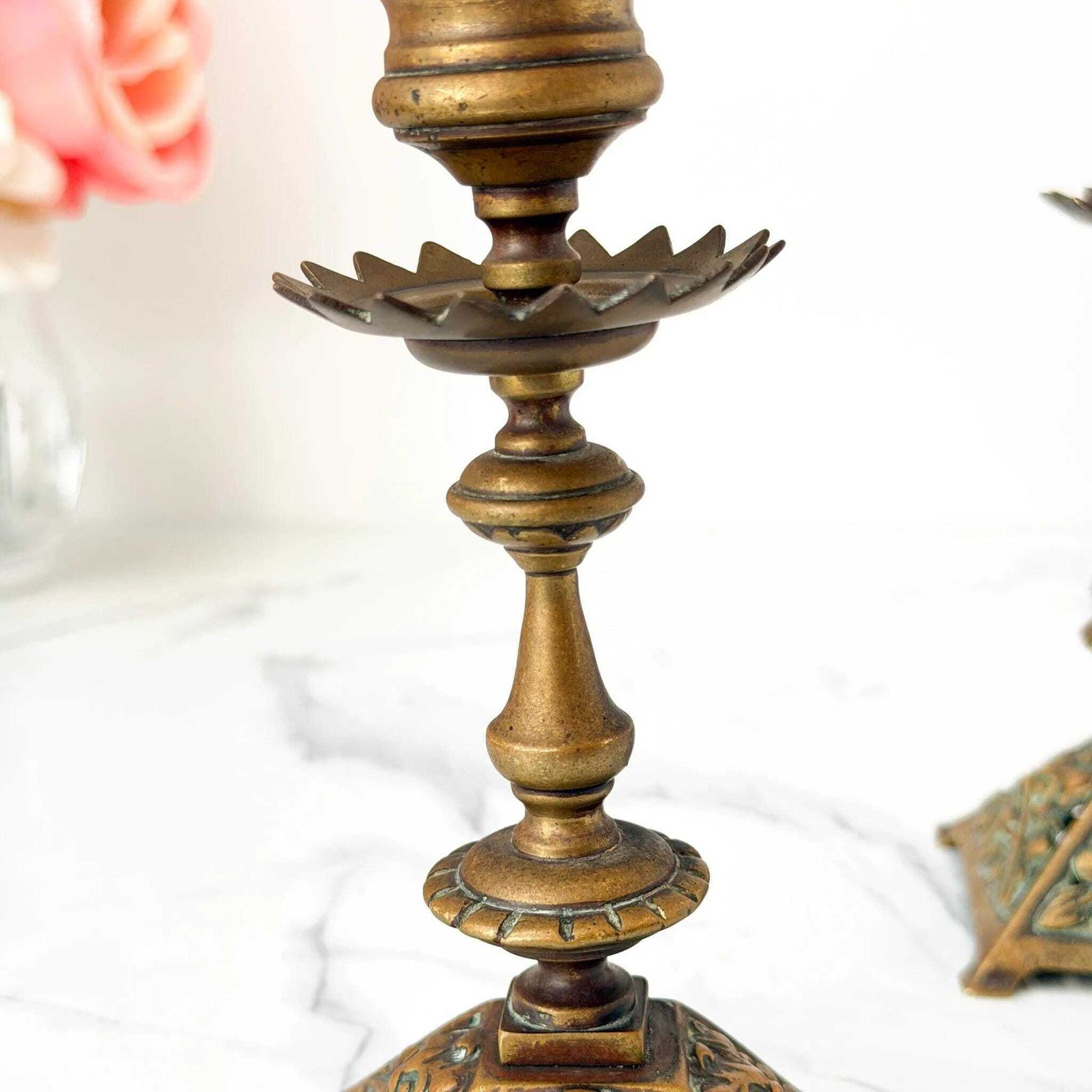 55.0 Antique Victorian Brass Candlesticks Ornate Face Mask Holders C.1880 photo