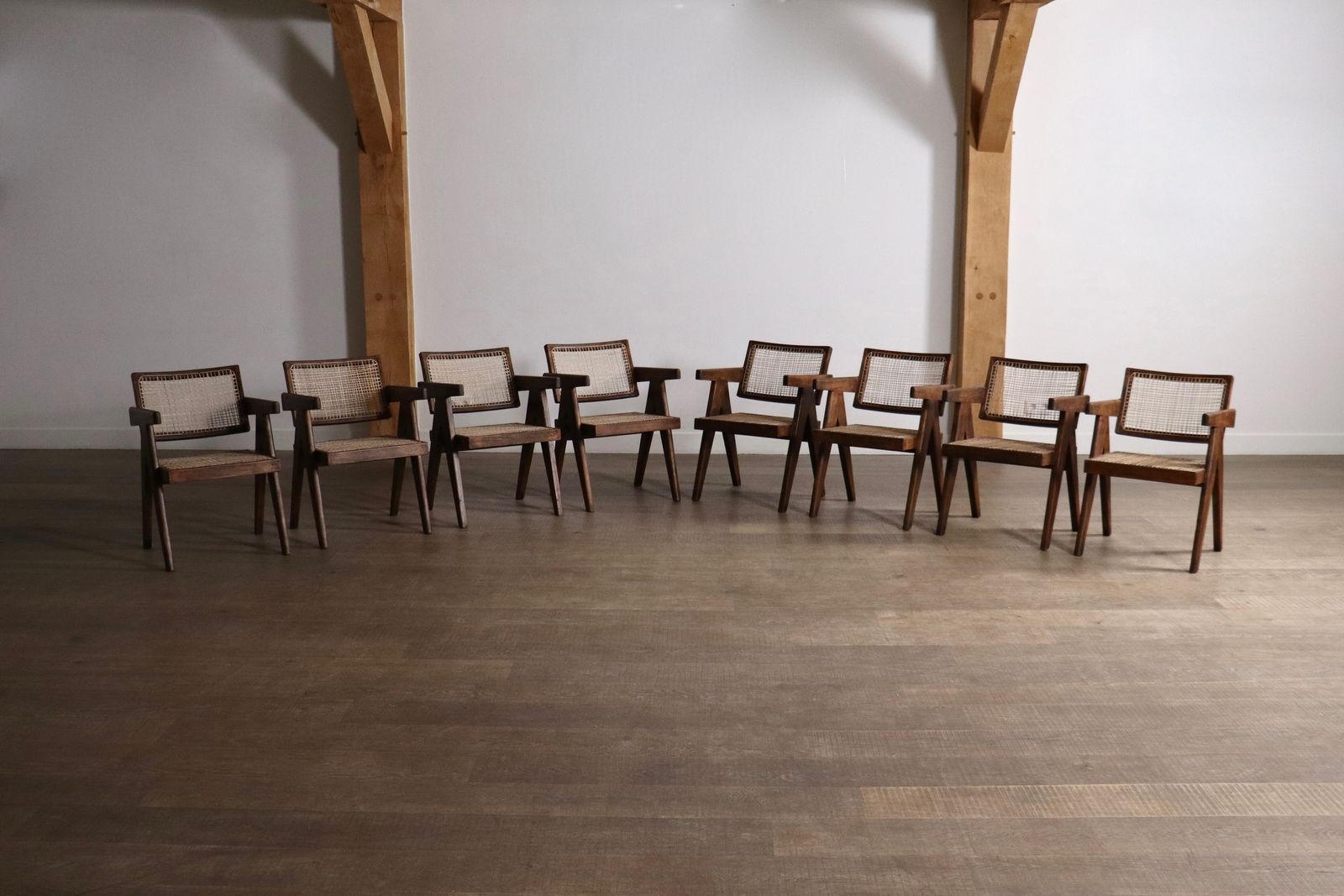 Set van 8 Pierre Jeanneret Office Cane Chairs, India ca. jaren 1950