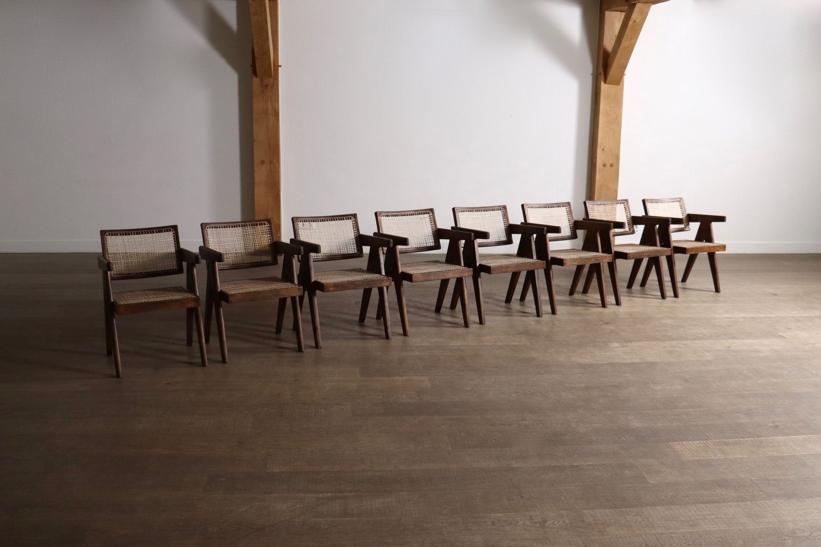 Set van 8 Pierre Jeanneret Office Cane Chairs, India ca. jaren 1950 photo for sale