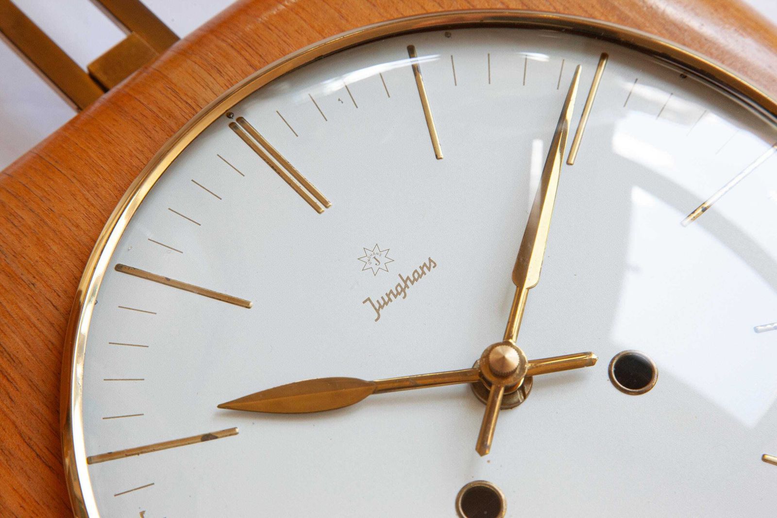 1950s Junghans Mid Century Wall Clock Modernism Art Deco Bauhaus Style Germany Brass Exacta photo for sale