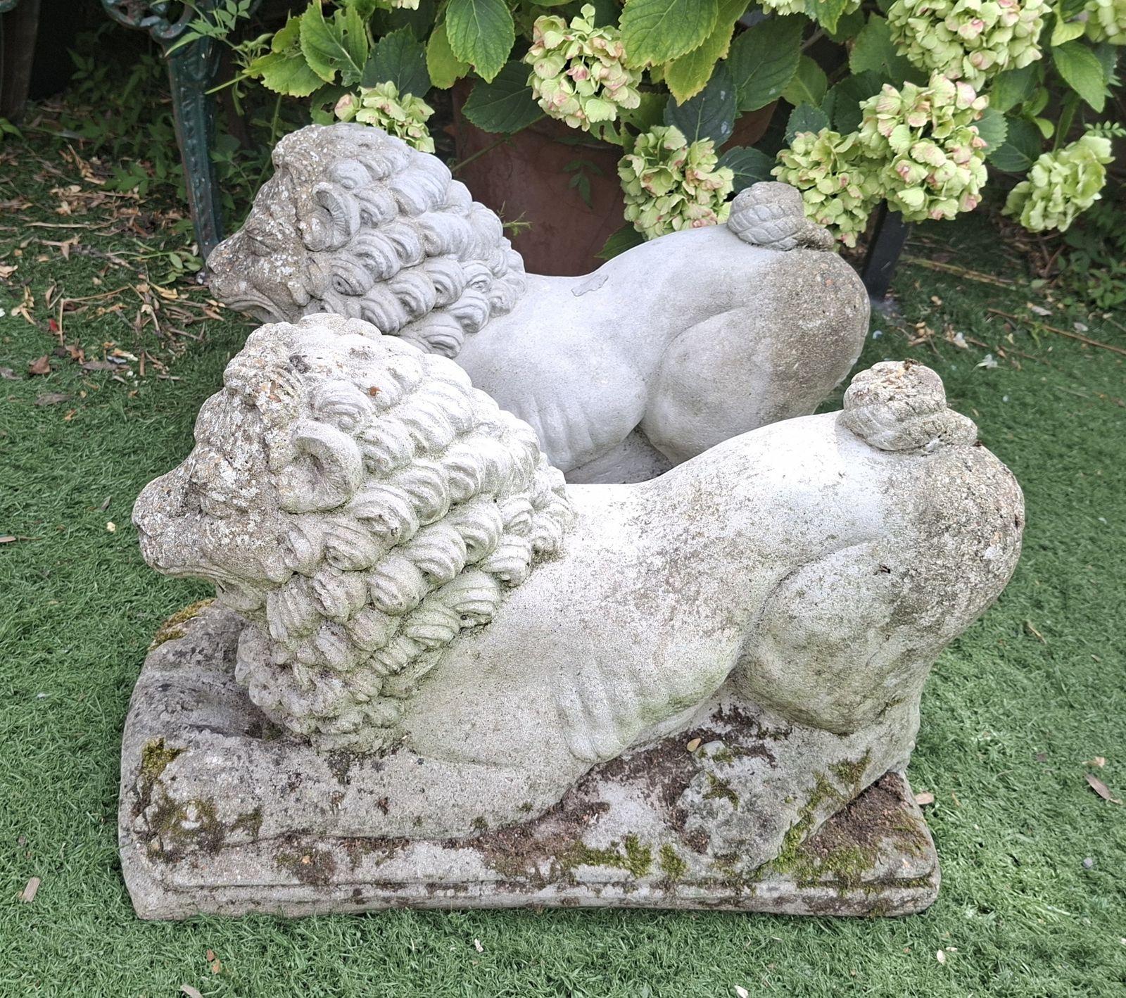 Pair Of Antique Stone Recumbent Guardian Lions