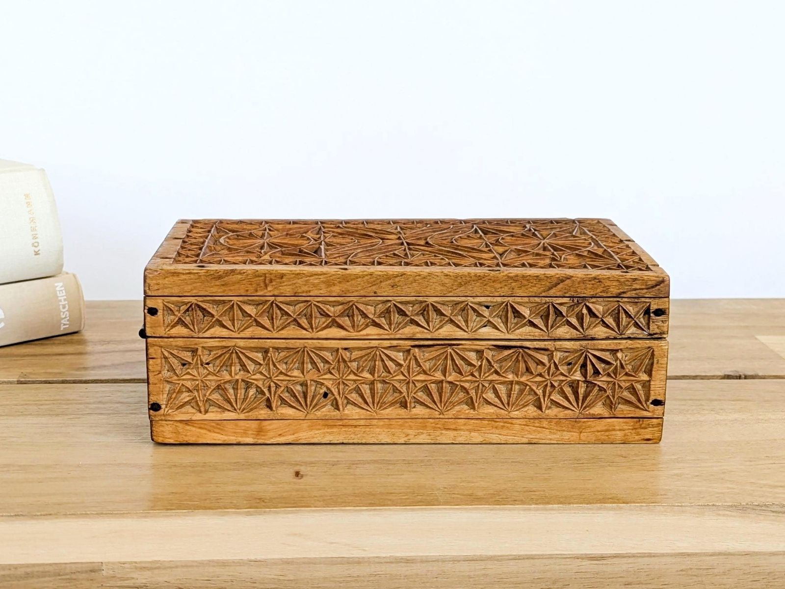 Antique Tramp Folk Art Carved Wood File Lidded Jewelry Box Or Desk Storage
