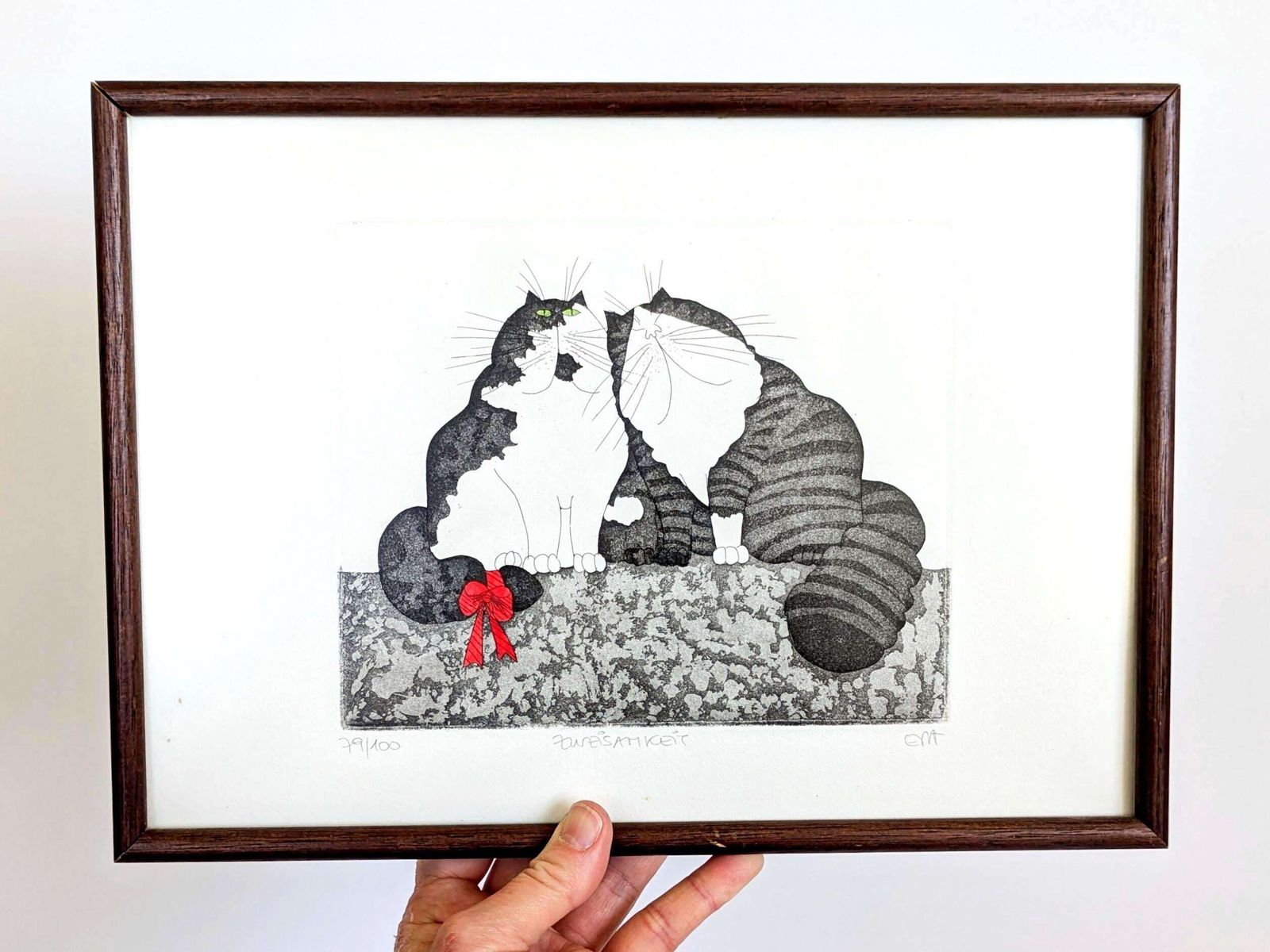 Eva Ziolkowski Signed Cats Etching Numbered 79/100 "Zweisamkeit" Framed Original Wall Art photo Art