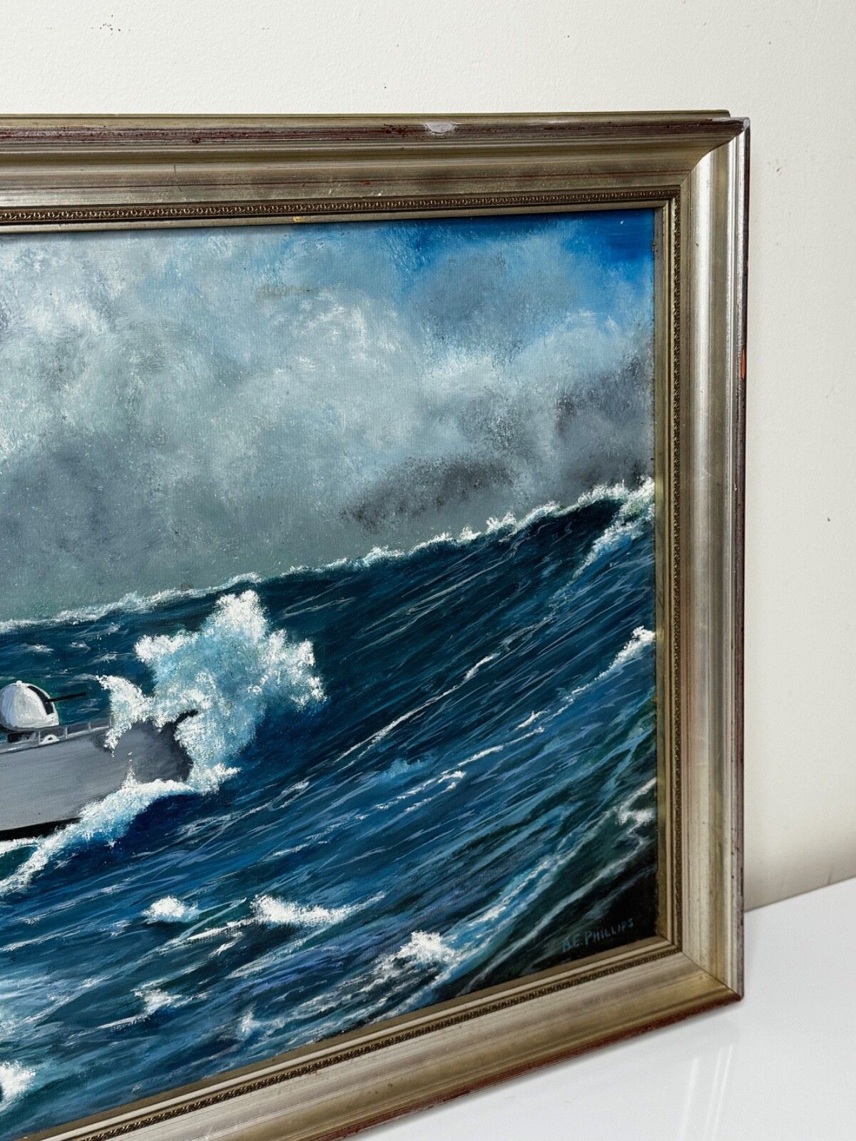 Olieverfschilderij HMS Sheffield D80 Falklandsoorlog Royal Navy, gesigneerd door A E Phillips photo for sale