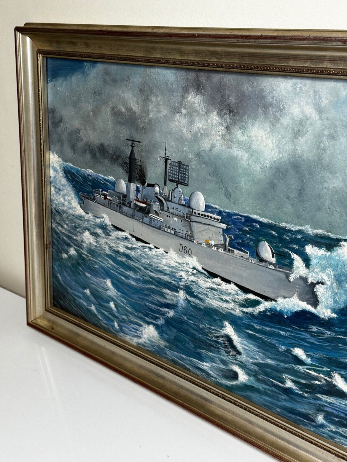 Olieverfschilderij HMS Sheffield D80 Falklandsoorlog Royal Navy, gesigneerd door A E Phillips photo Kunst