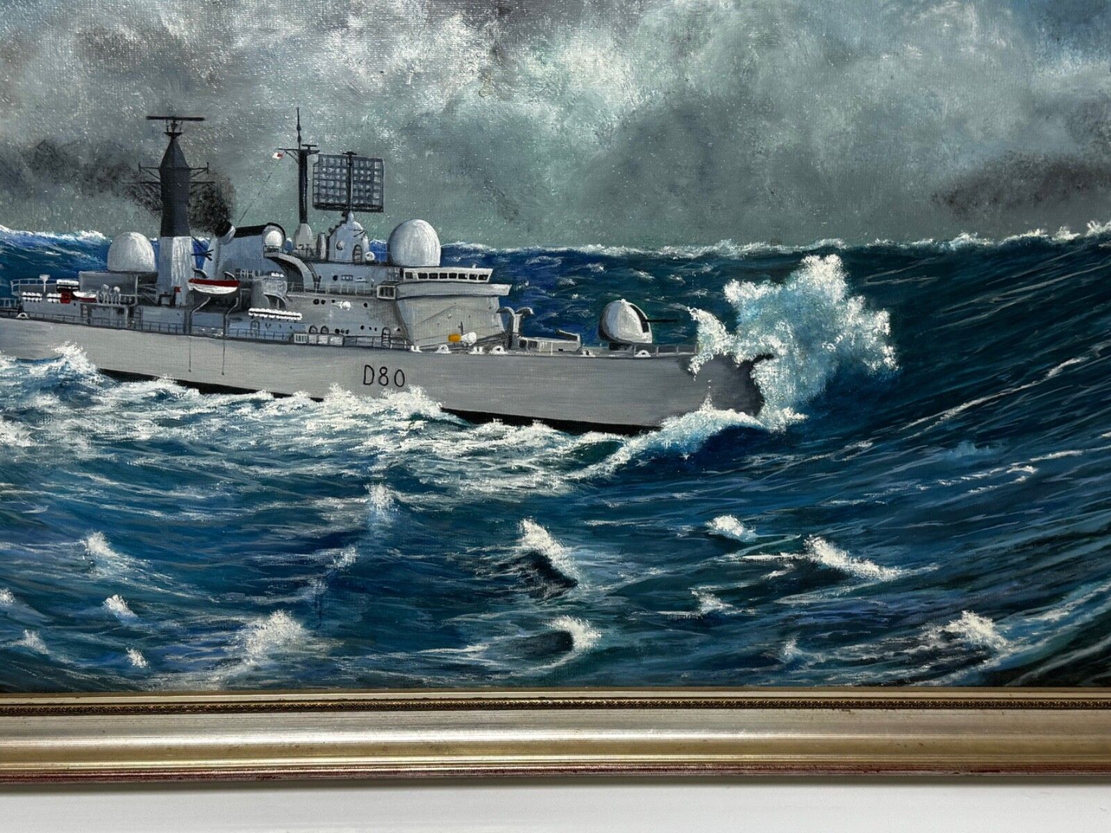 Olieverfschilderij HMS Sheffield D80 Falklandsoorlog Royal Navy, gesigneerd door A E Phillips photo 3850.0
