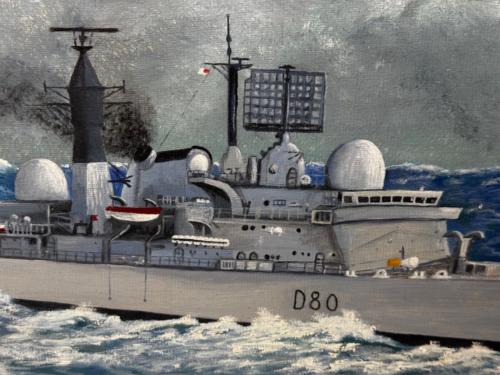 photo vinterior Olieverfschilderij HMS Sheffield D80 Falklandsoorlog Royal Navy, gesigneerd door A E Phillips