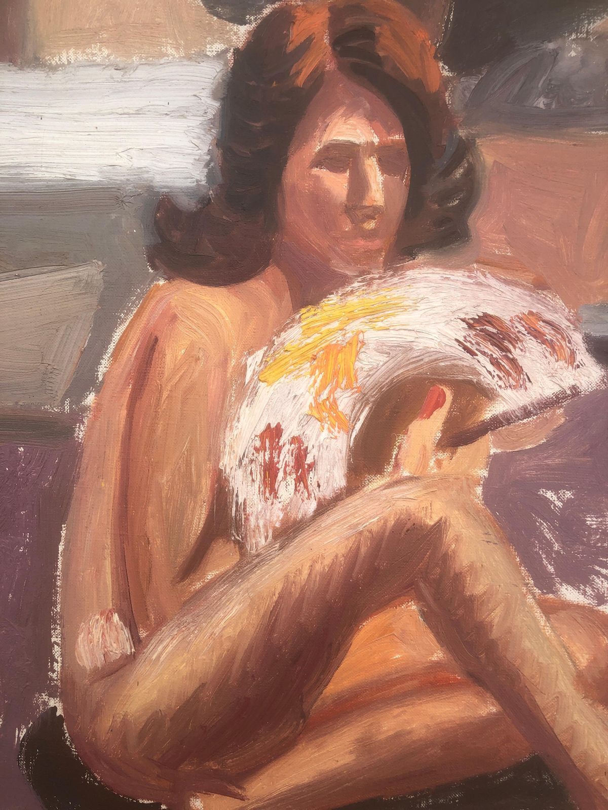 Jordi Curos Spaans figuratief schilderij naakt atelier interieur modern olieverf doek ca. 1978 photo for sale