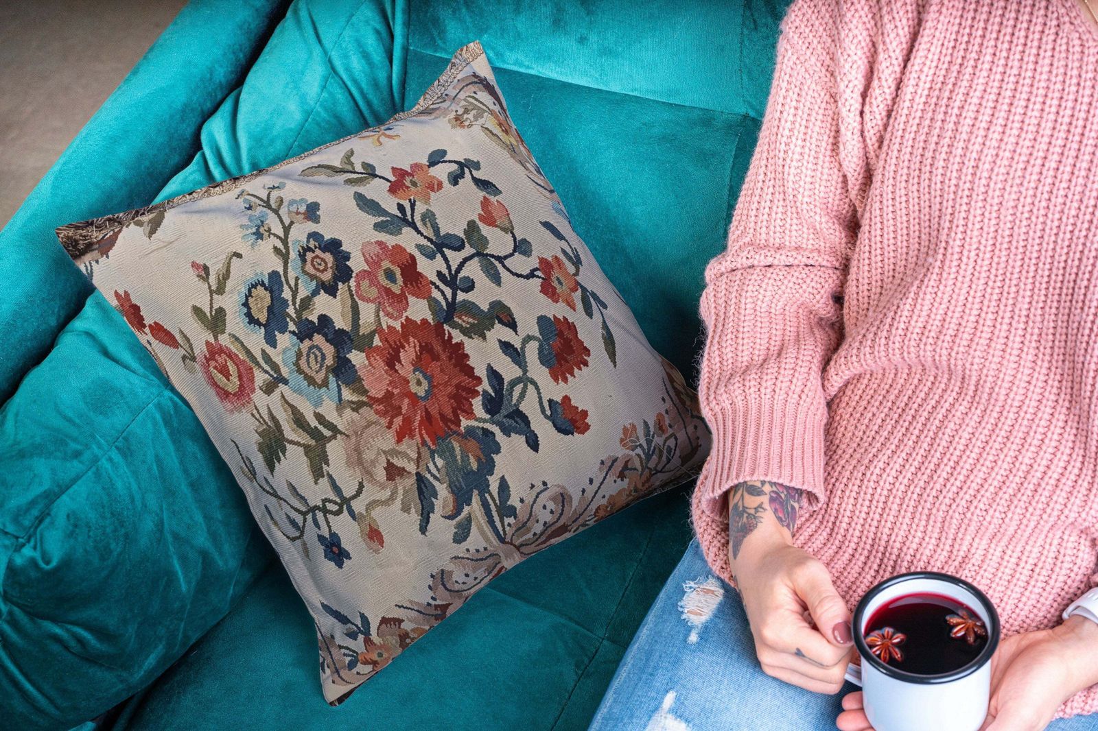 photo furniture Large Tapestry Cushion Cover French Style Aubusson Floral Rose Bouquet & Tassel
