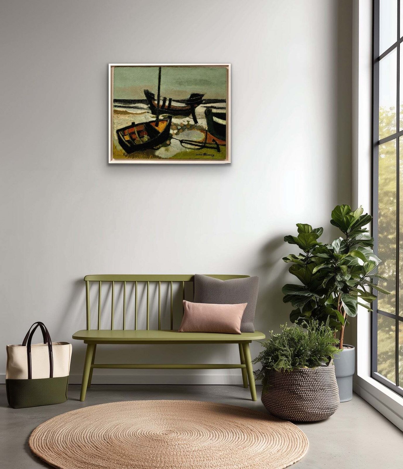 André Minaux, 1923-1986. Les Barques échouées, 1963. Peinture à l'huile française encadrée représentant des barques échouées sur une plage. photo buy