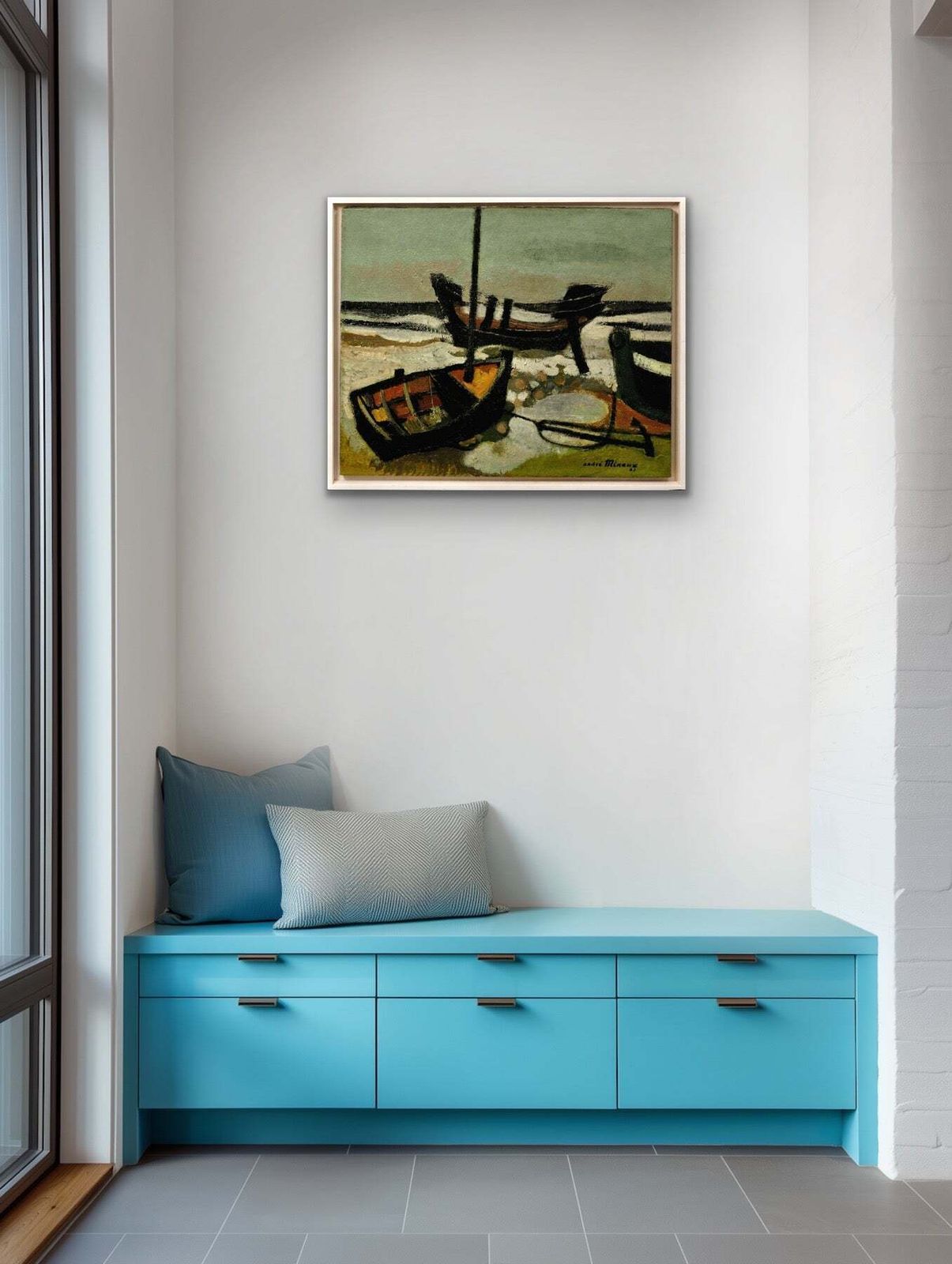 3495.0 André Minaux, 1923-1986. Les Barques échouées, 1963. Peinture à l'huile française encadrée représentant des barques échouées sur une plage. photo