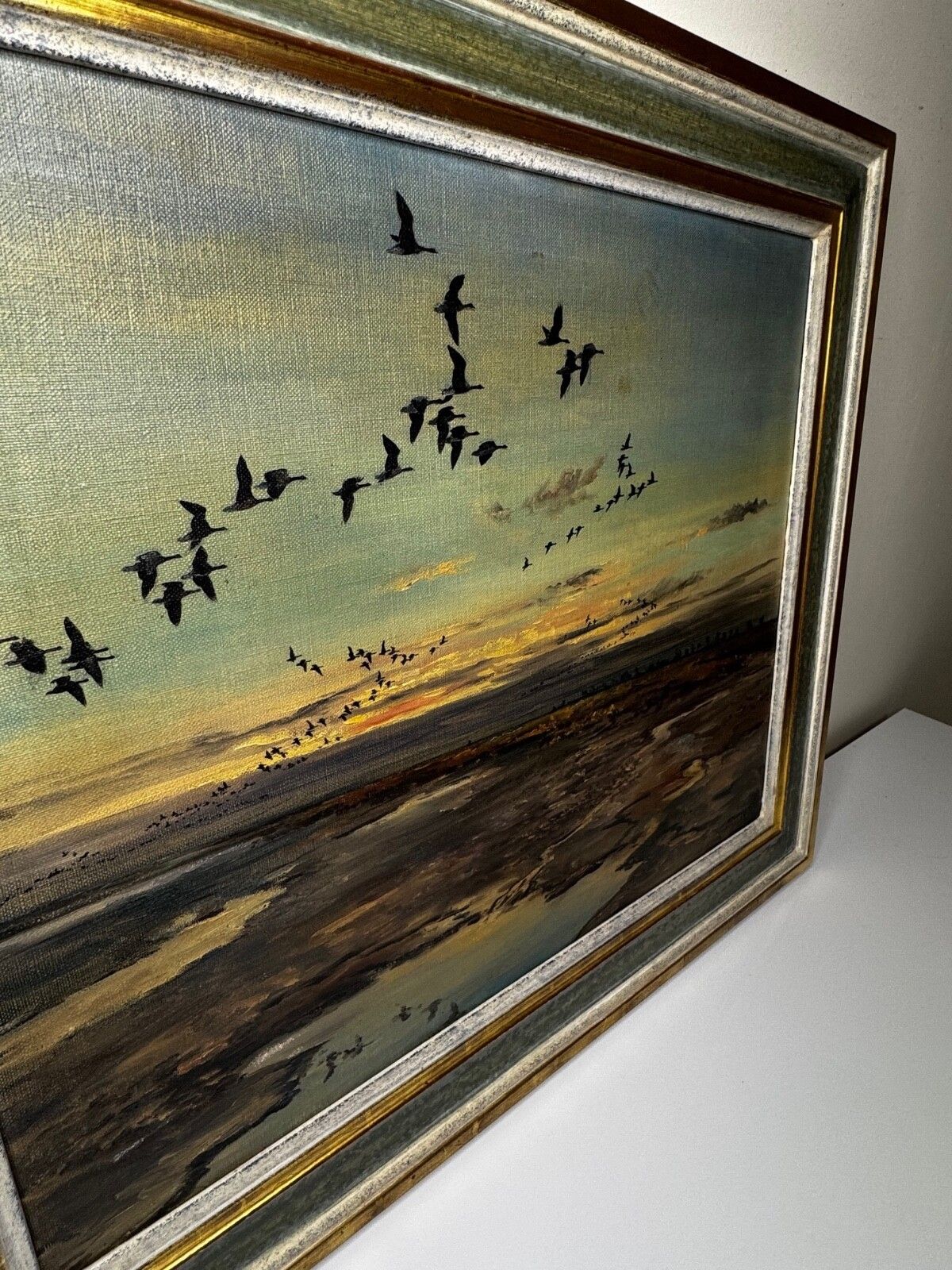Mid Century Hugh Monahan 1954 Brent Geese Holbeach Marsh Wildlife Olieverfschilderij photo Kunst