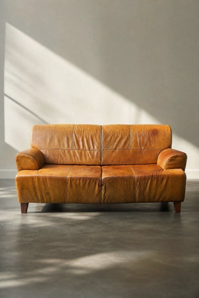 photo buy Mid-Century Modern Industrial bruinleren 3-zitsbank, jaren 1960