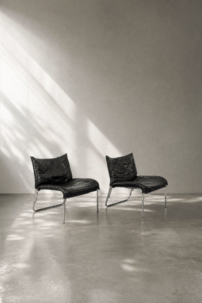 Mid Century Scandinavian Modern zwarte patchwork leren lounge fauteuils van Ikea, jaren 1980, set van 2 photo vintage