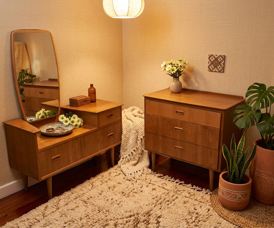 Vintage Mid Century Lebus Teak Dressing Table With Matching Chest Of Drawers