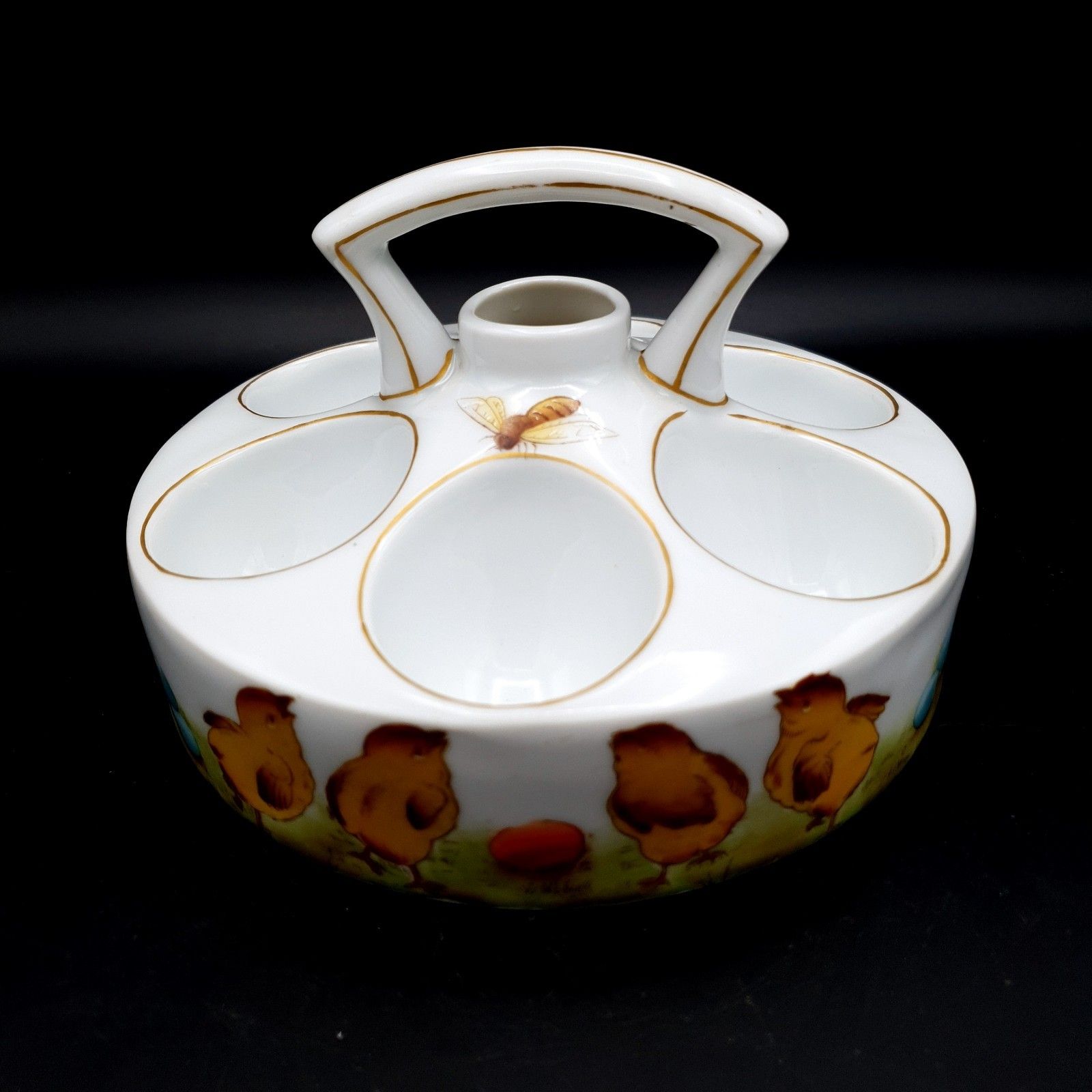 Rare Victorian Heated Egg Cruet Set Chicks & Eggs Ceramic For 6 Eggs L1800s Est photo for sale