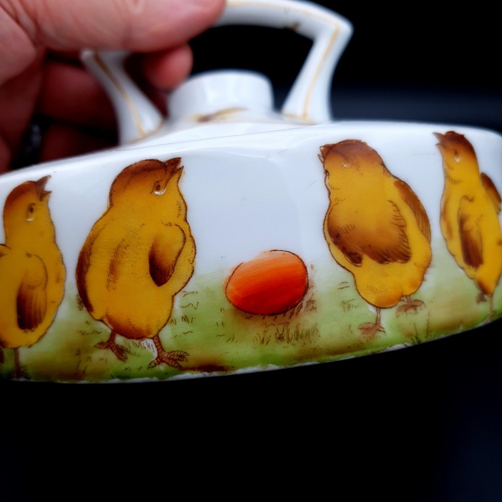 photo for sale Rare Victorian Heated Egg Cruet Set Chicks & Eggs Ceramic For 6 Eggs L1800s Est