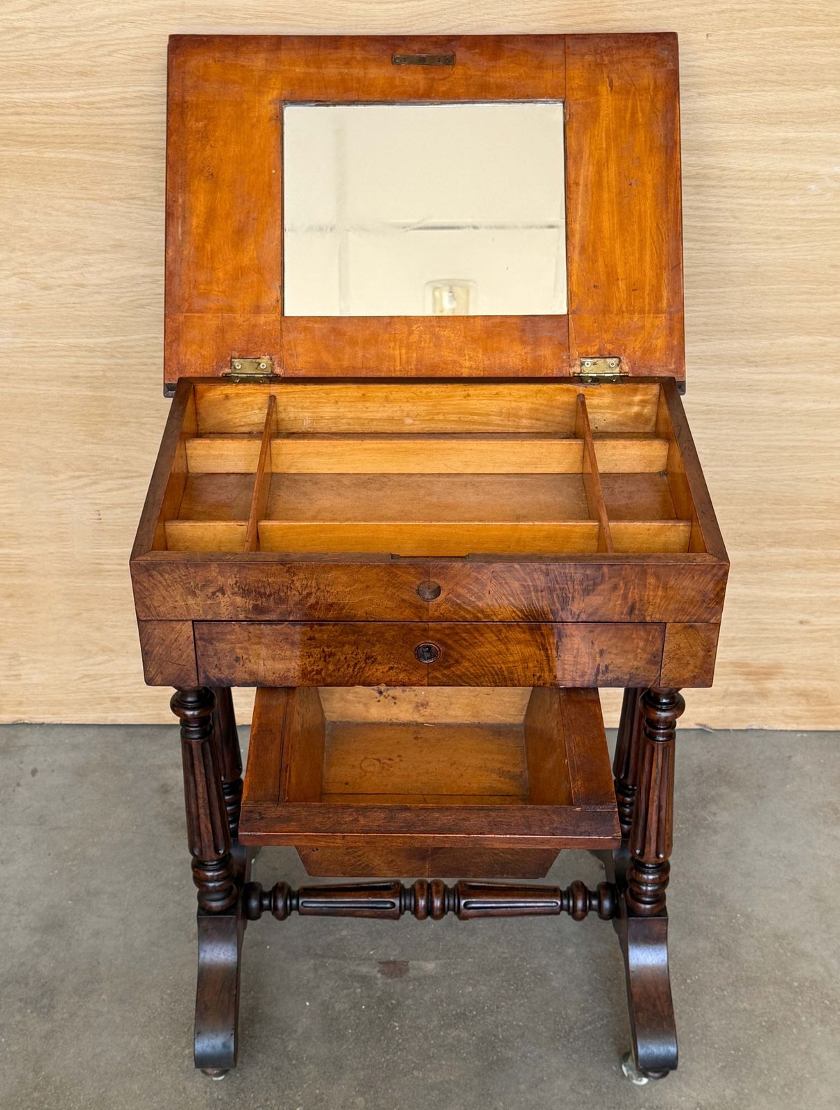1500.0 Antique Figured Wood Sewing Table With Fitted Interior And Mirror photo