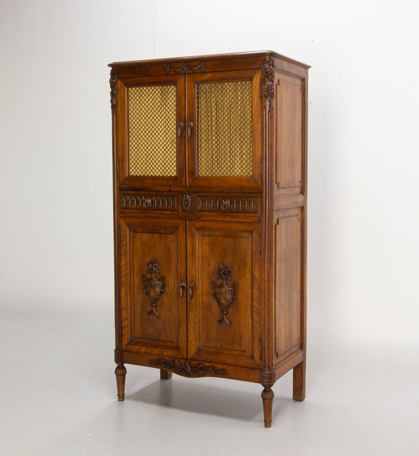 French Louis XVI Style Walnut Brass Mesh Little Cabinet Book Case Circa 1900 photo Furniture