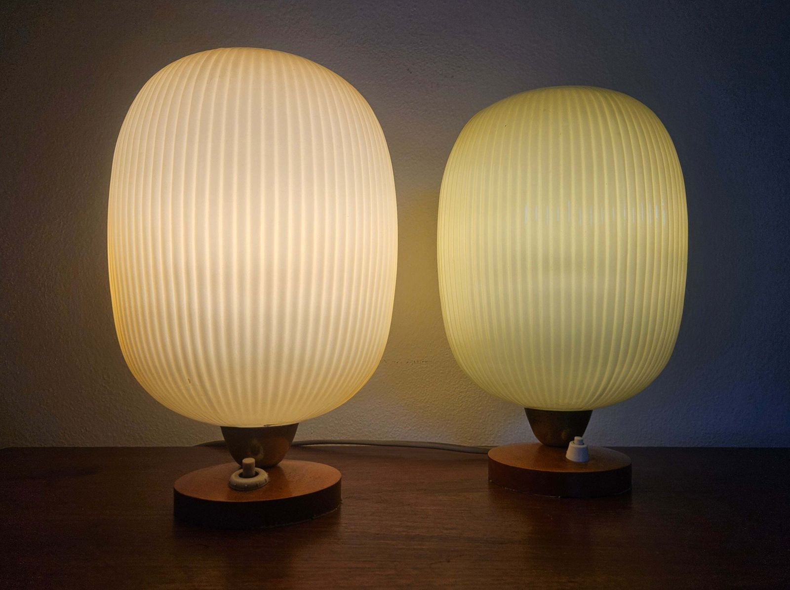 photo buy Rare Pair Of Table Lamps, Glass And Wood, 1960s