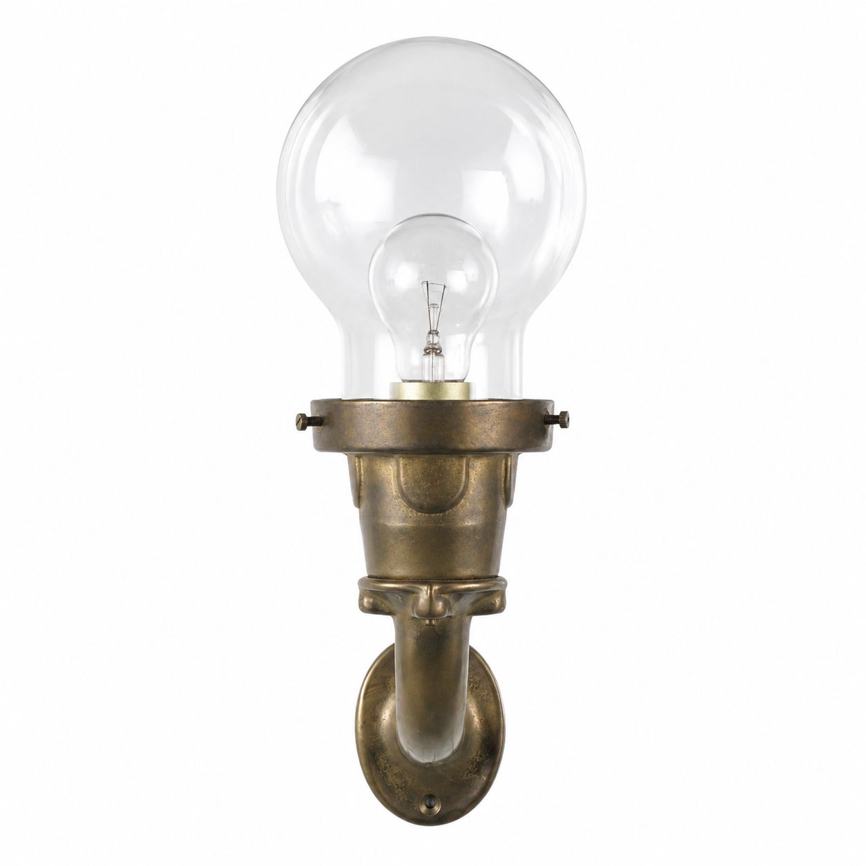 photo for sale Sculpturaal zwaar bronzen wandlamp met grote heldere glazen bol, ca. 1970