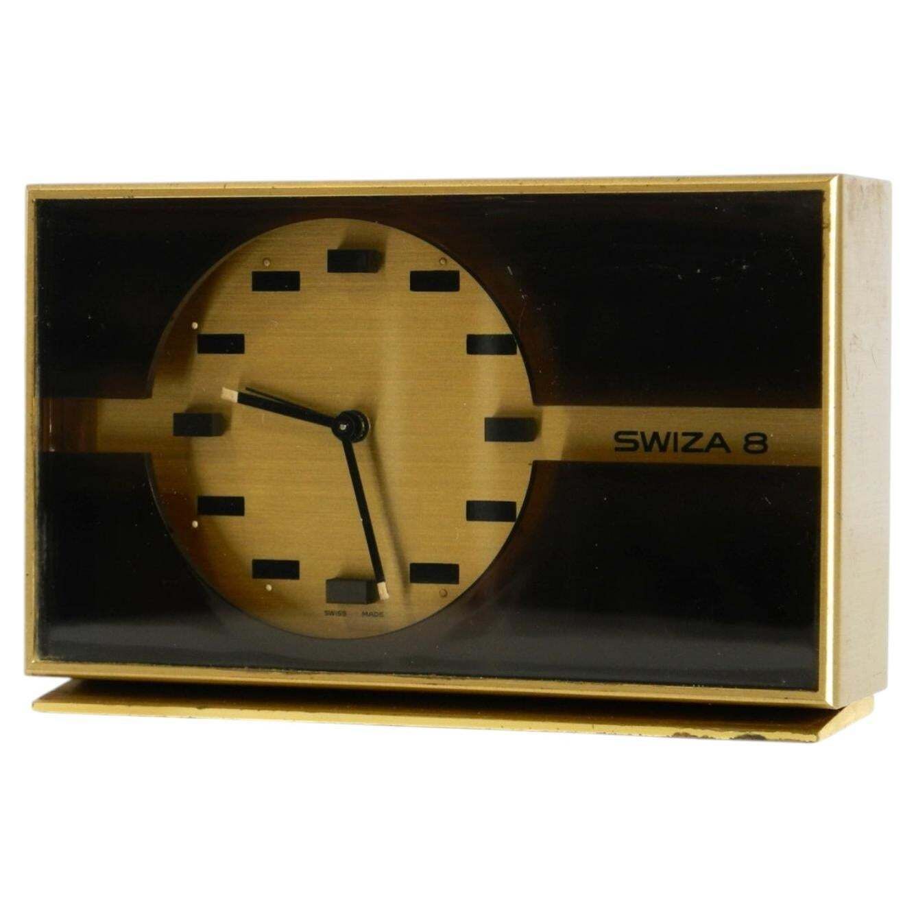 Swiss Made, Small, And Rare Original Mechanical Swiza 8 Table Clock In Brass