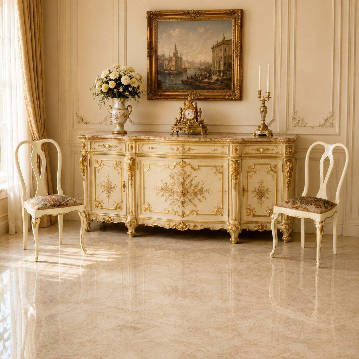 Set van Drie Venetiaanse Crèmelak en Verguld Walnoten Stoelen met Bloemen Bekleding photo vintage