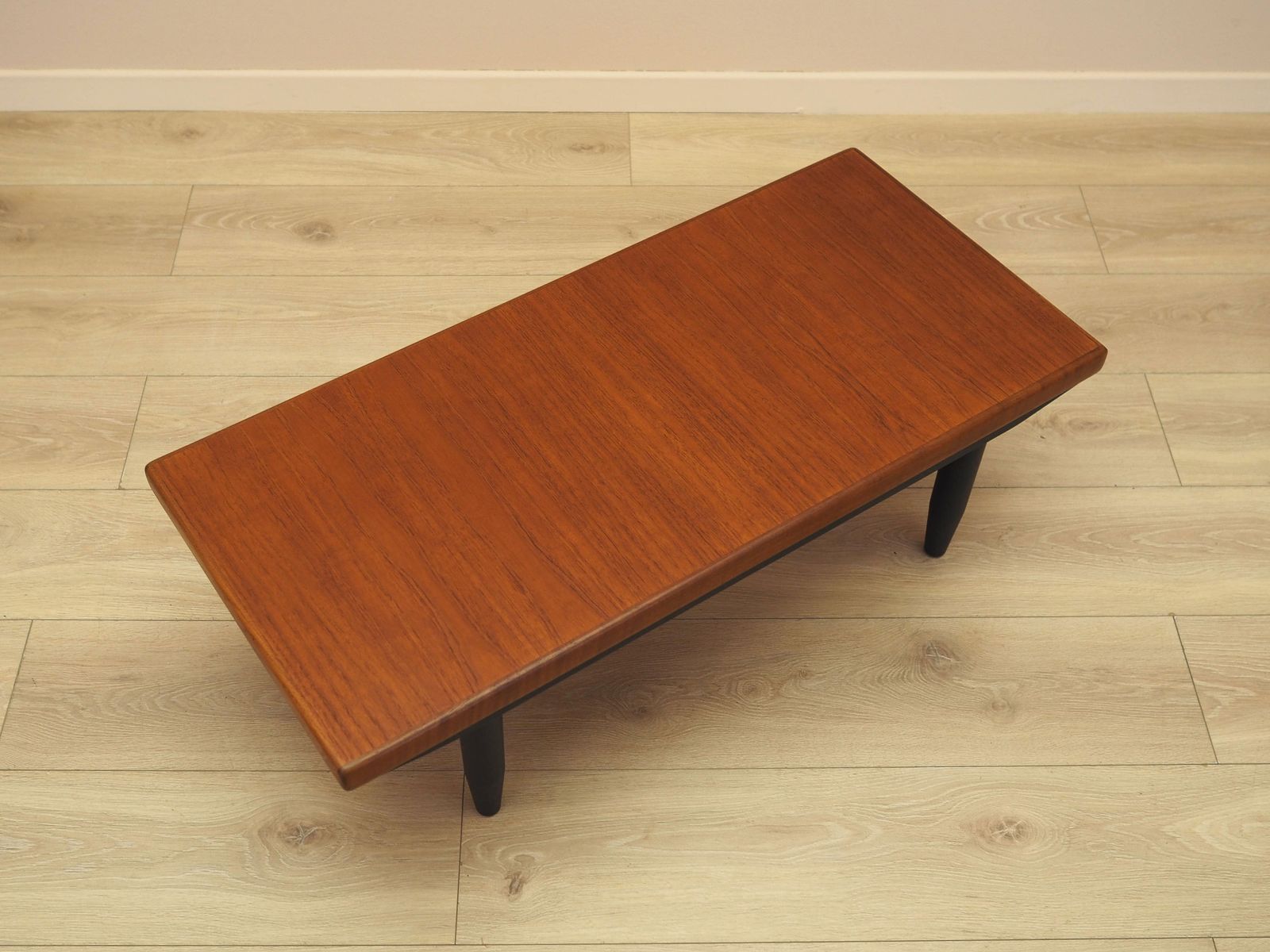 Danish Teak Veneer Coffee Table With Black Legs, 1970s photo vinterior