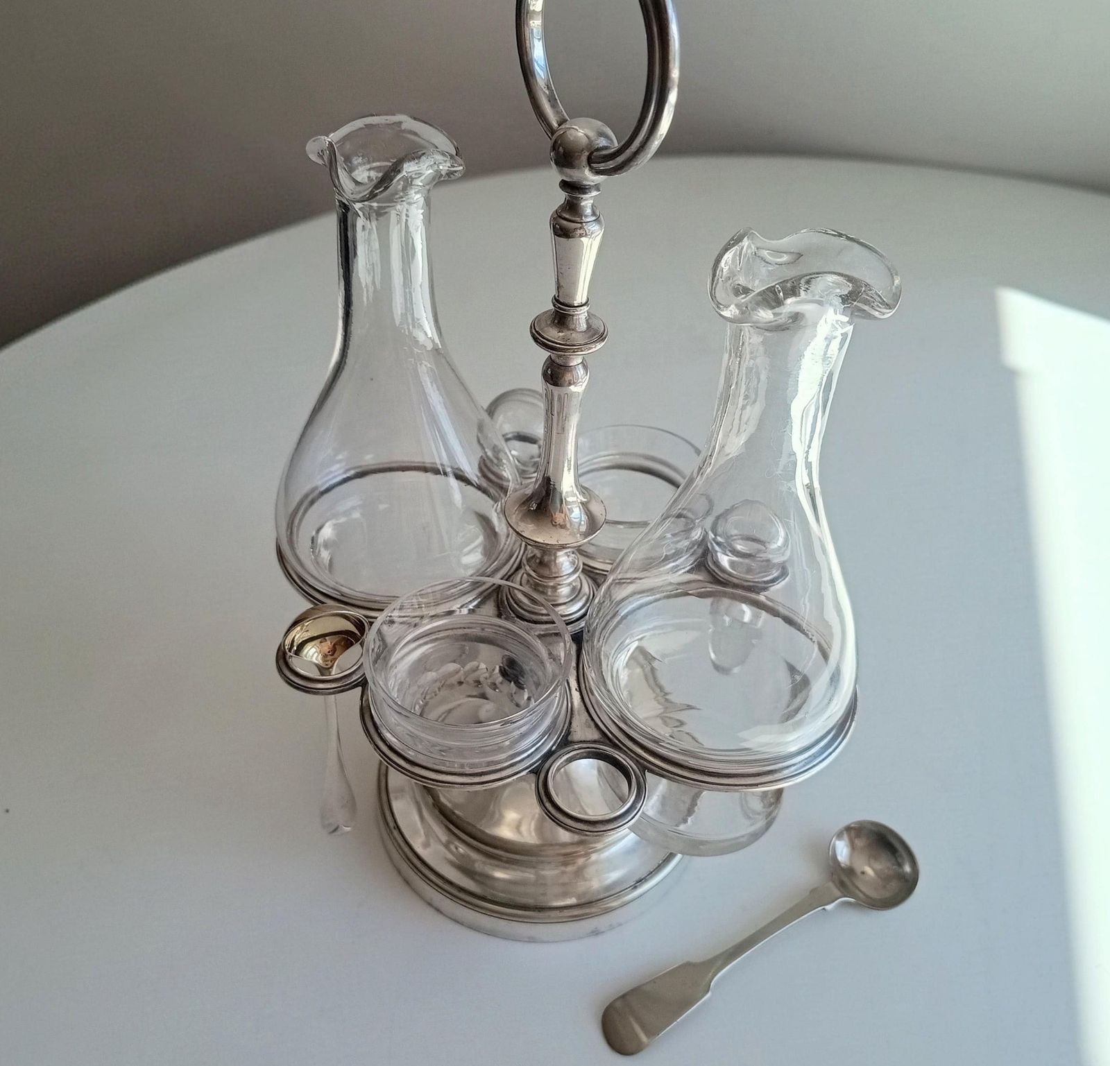 Vintage Christofle Art Deco Cruet Set: Oil Vinegar Condiments Bottles / Jars, Silver Plated Stand photo vinterior