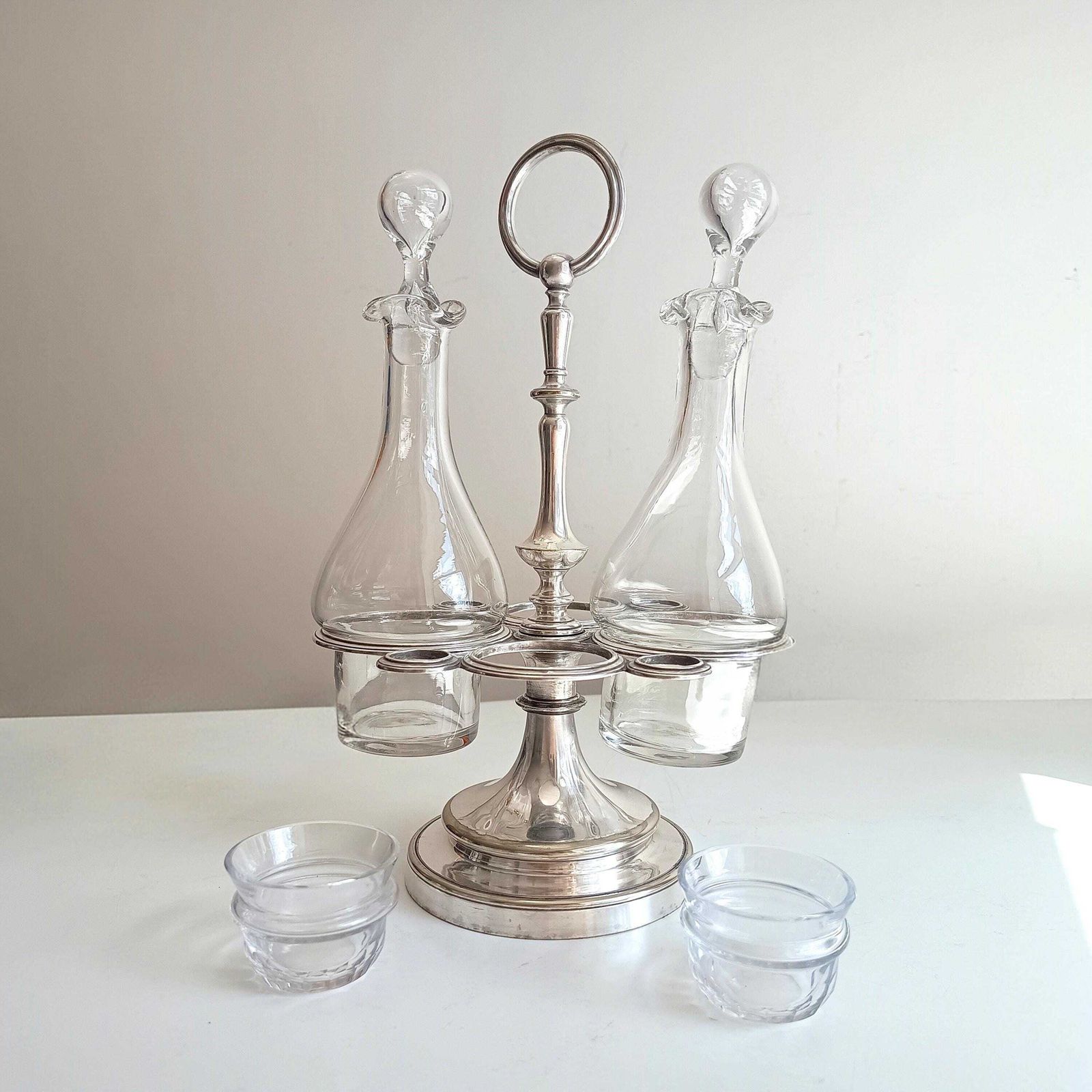 photo buy Vintage Christofle Art Deco Cruet Set: Oil Vinegar Condiments Bottles / Jars, Silver Plated Stand