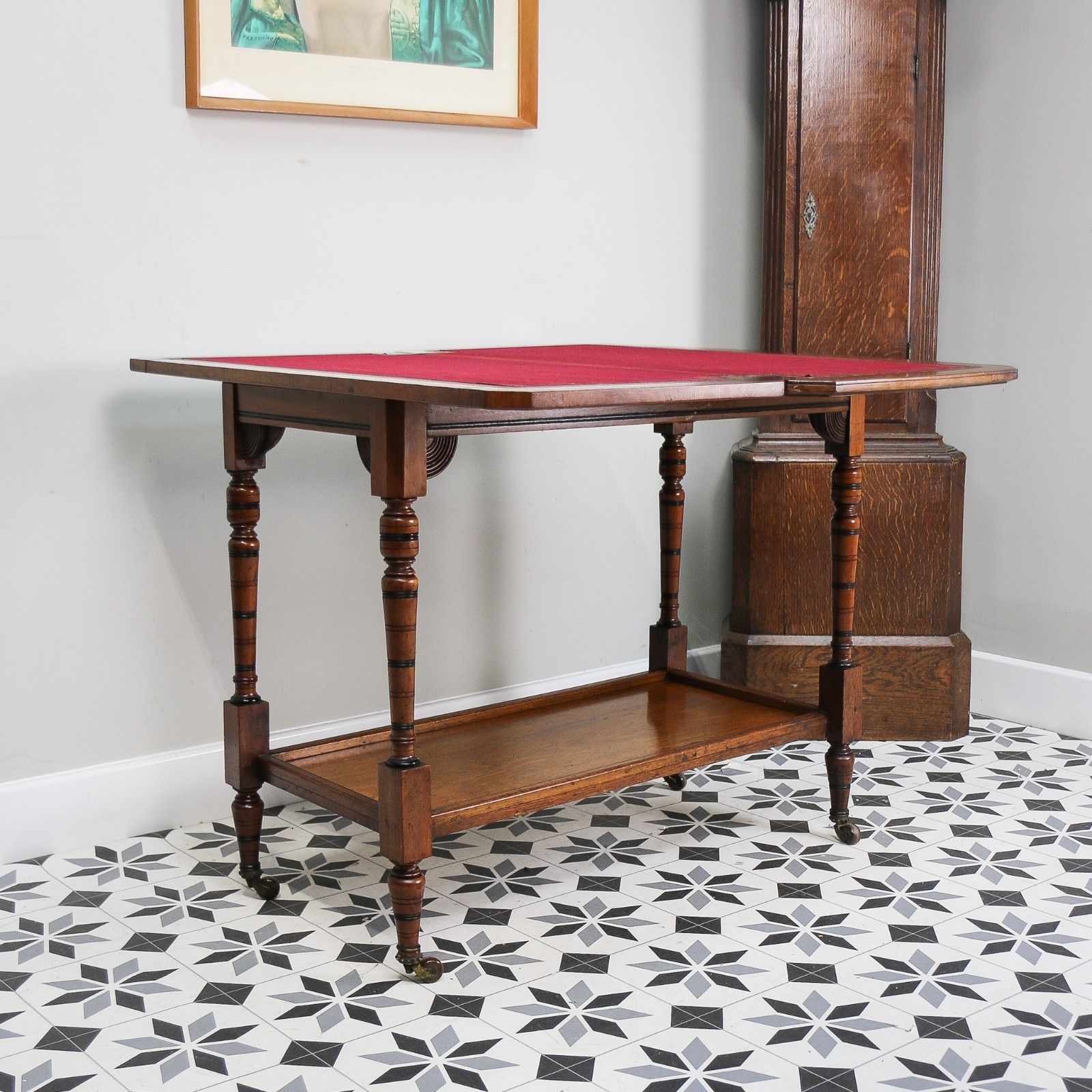 Furniture Edwardian Mahogany Card Game Table Baize Top On Porcelain Castors photo