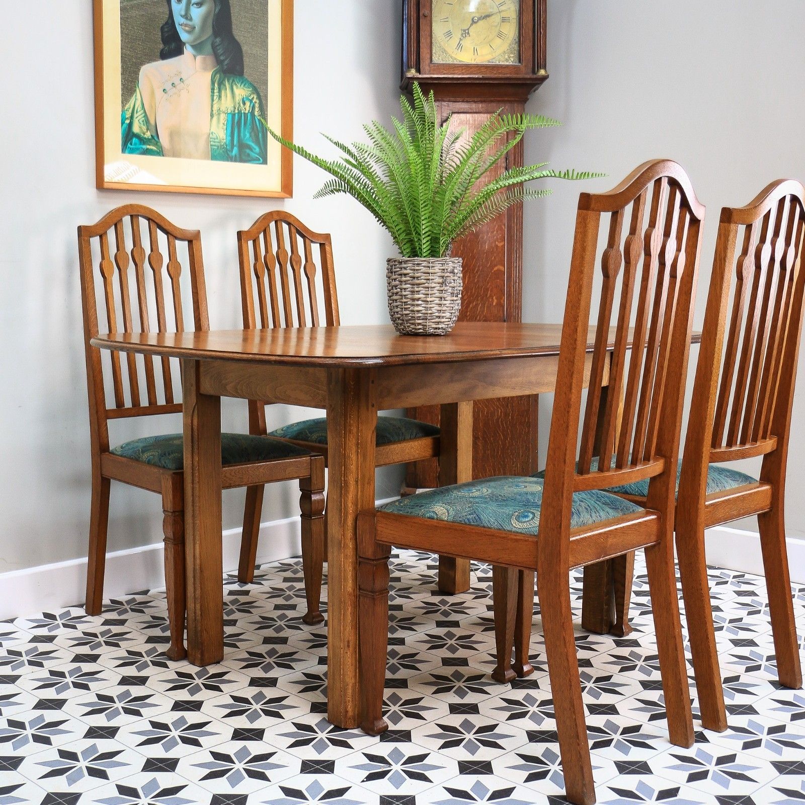 Arts And Crafts Dining Table And Liberty Chairs In Solid Oak With Liberty Fabric photo for sale