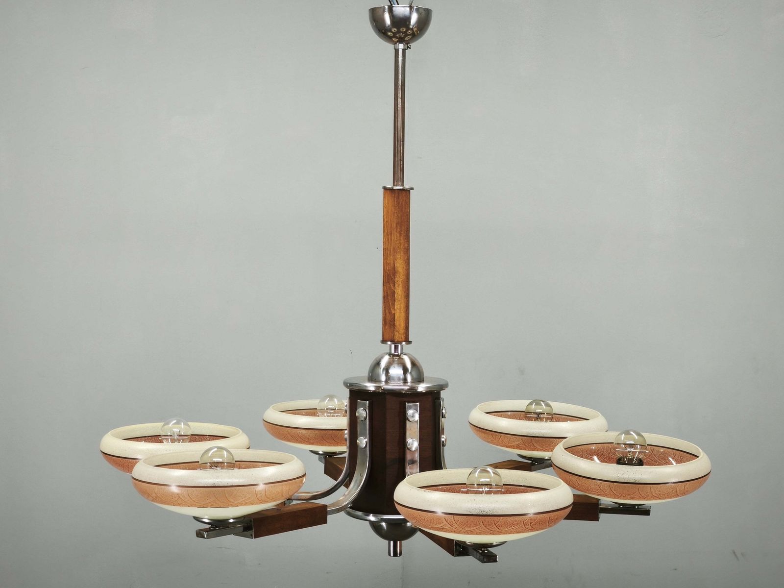 Grote art deco kroonluchter in chroom, hout en glas met zes lichtpunten, jaren 1930 photo for sale