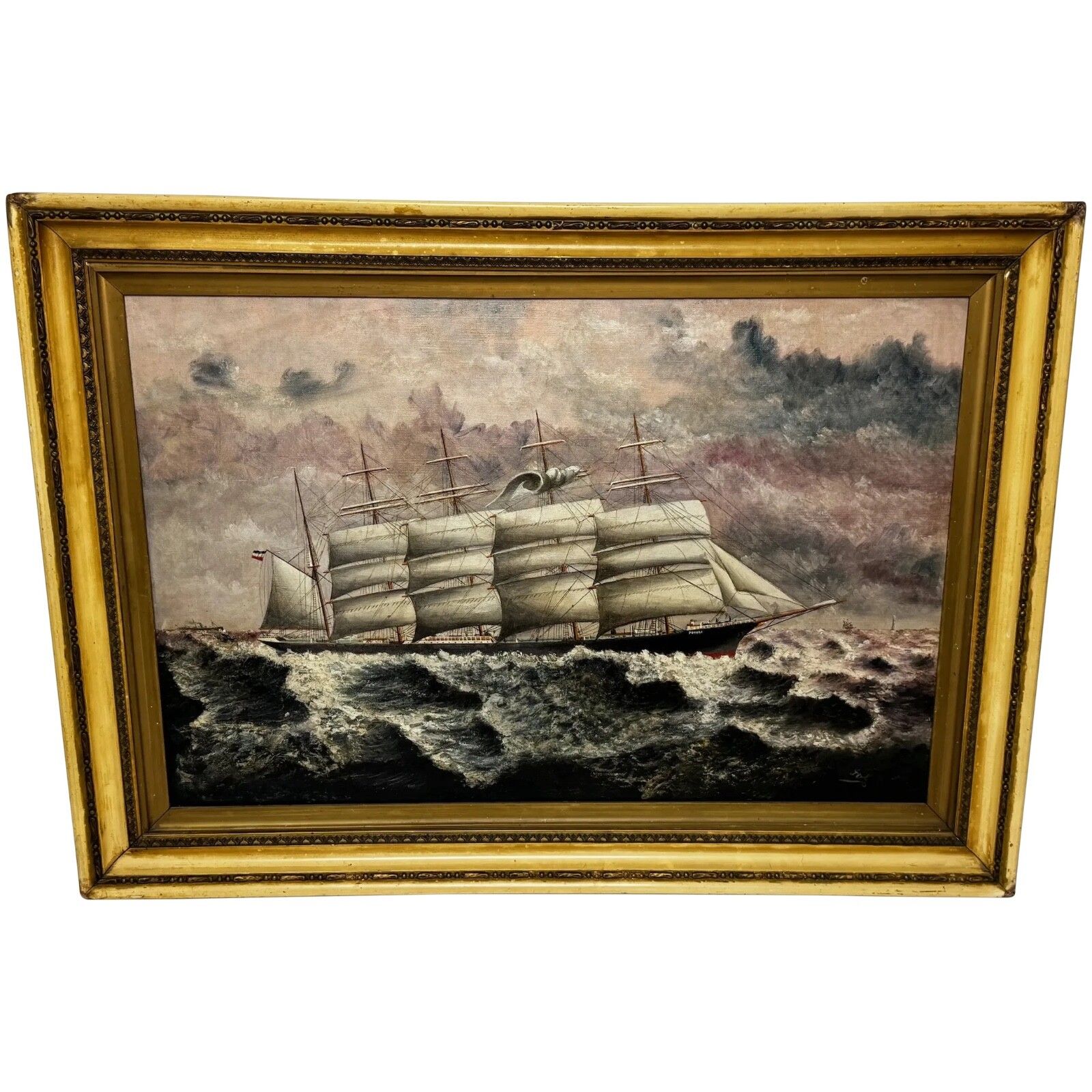 Groot nautisch schilderij, begin 20e eeuw, olieverf, vijfmastige zeilschip Potosi, Flying P Liner, Kaap Hoorn in zware zee