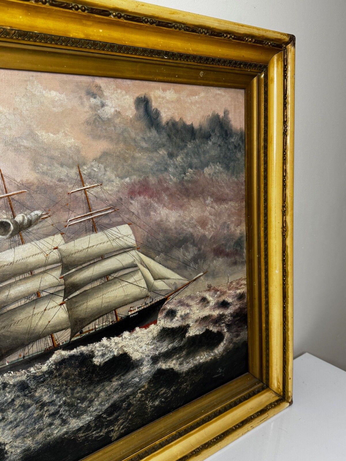 Groot nautisch schilderij, begin 20e eeuw, olieverf, vijfmastige zeilschip Potosi, Flying P Liner, Kaap Hoorn in zware zee photo for sale