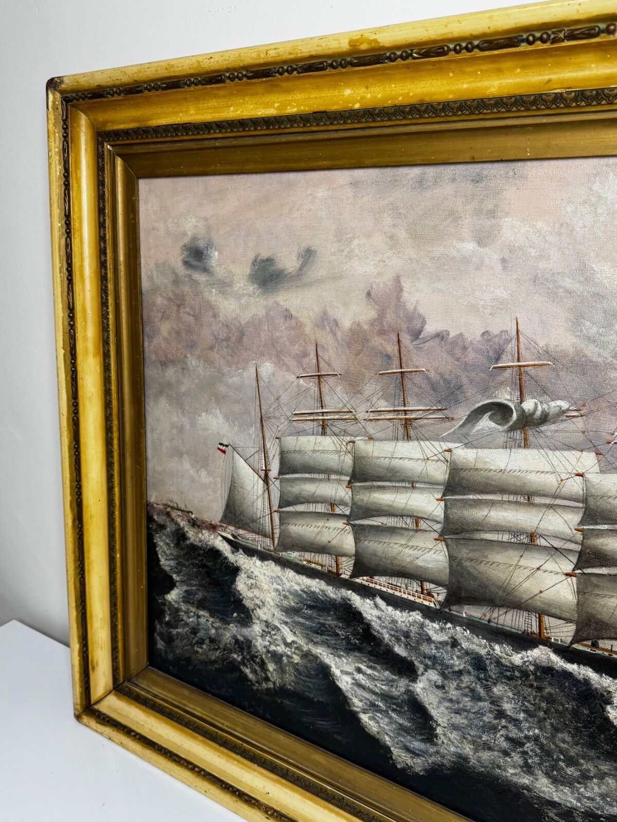 Large Nauticial Early 20th Century Oil Painting 5 Masted Sailing Ship Potosi Flying P Liner Cape Horn In Heavy Seas photo Art