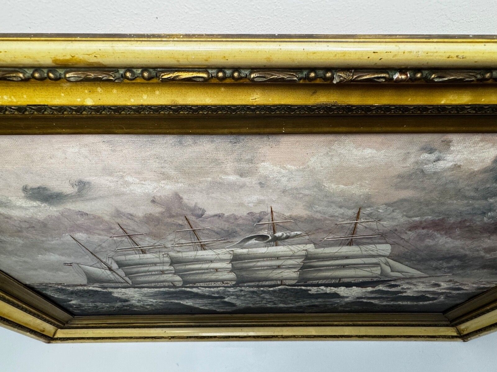Large Nauticial Early 20th Century Oil Painting 5 Masted Sailing Ship Potosi Flying P Liner Cape Horn In Heavy Seas photo vintage