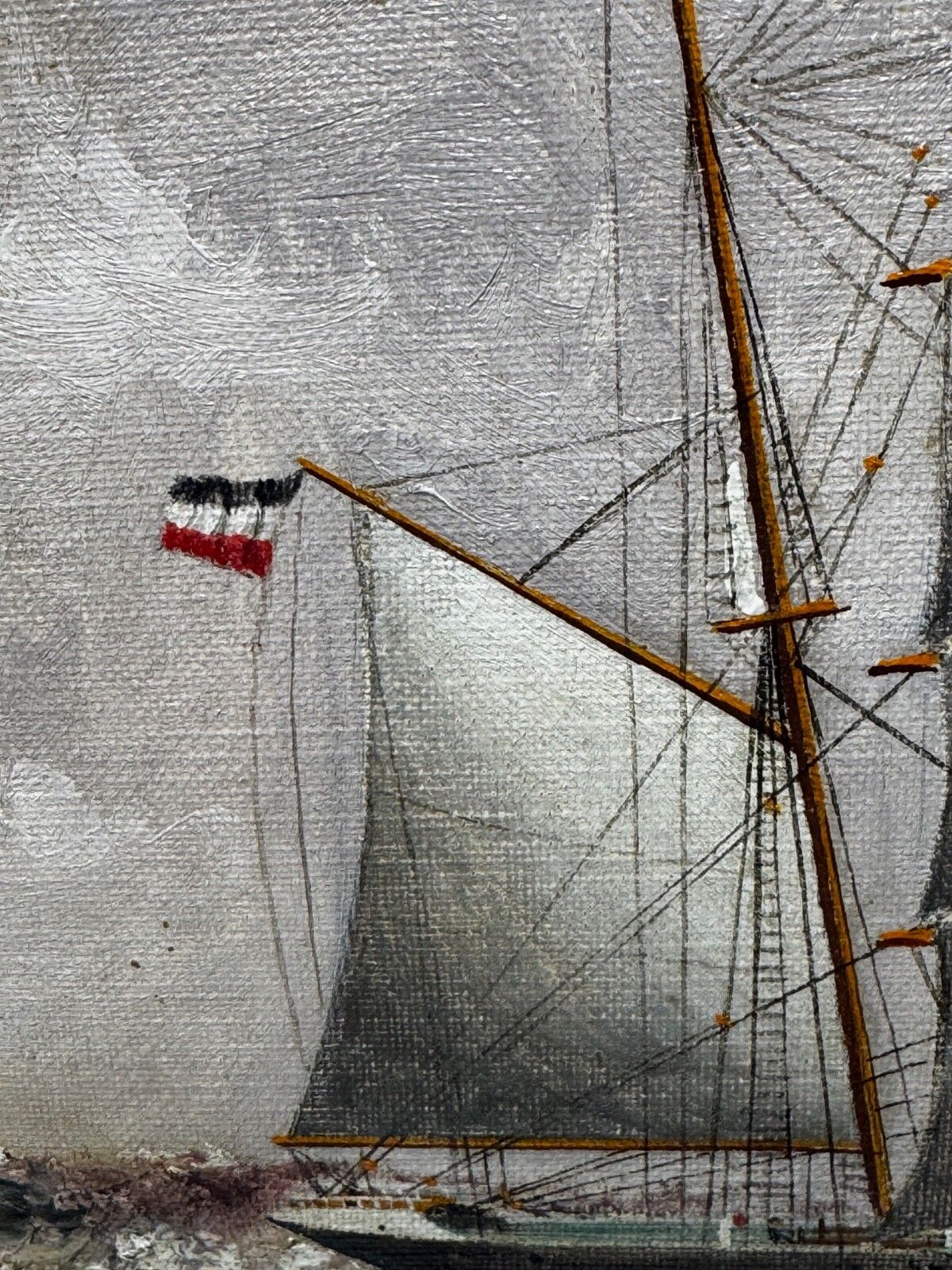 photo vintage Groot nautisch schilderij, begin 20e eeuw, olieverf, vijfmastige zeilschip Potosi, Flying P Liner, Kaap Hoorn in zware zee