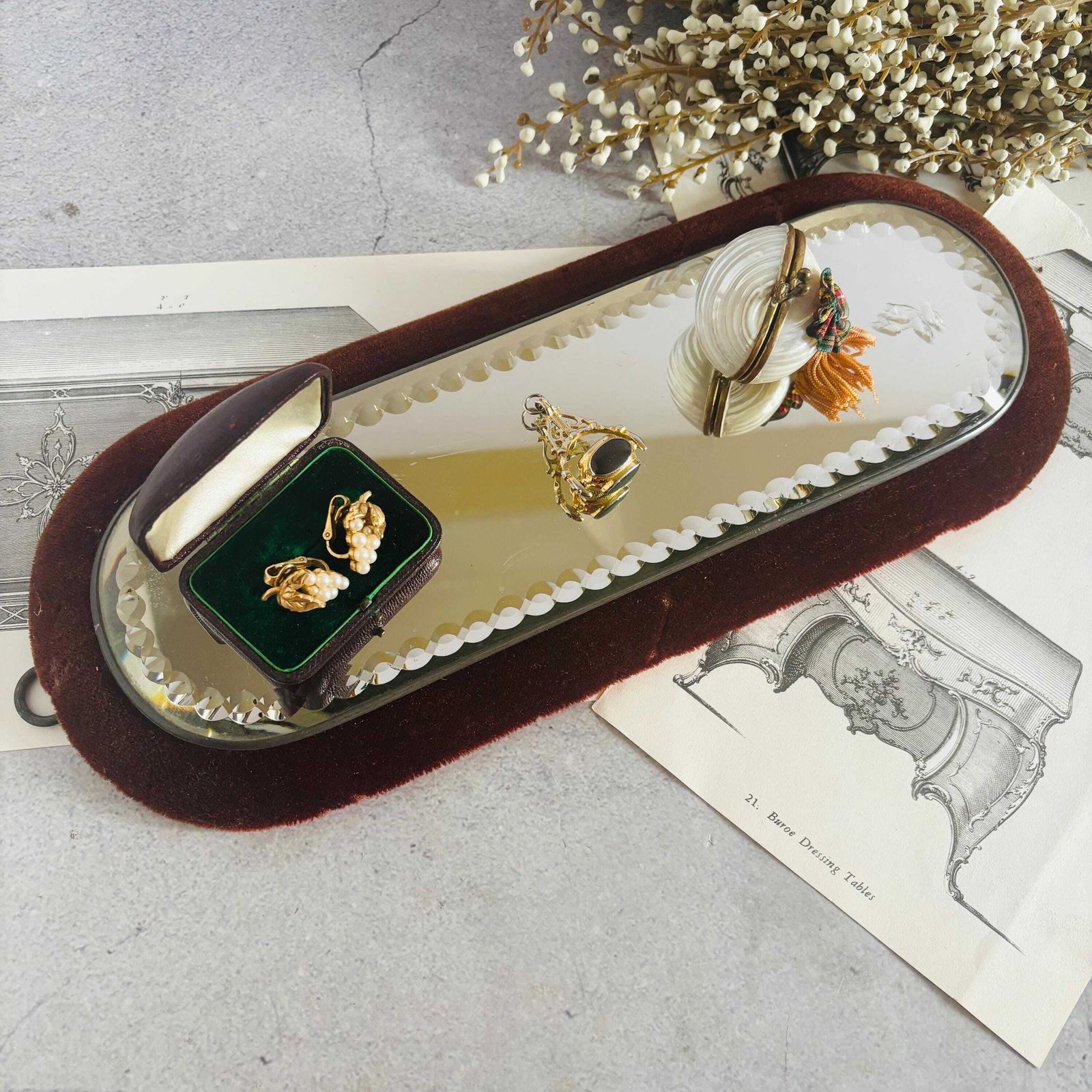 Victorian Sorcerers Mirror Velvet Trimmed | Display Mirror, Witches Plateau photo vintage