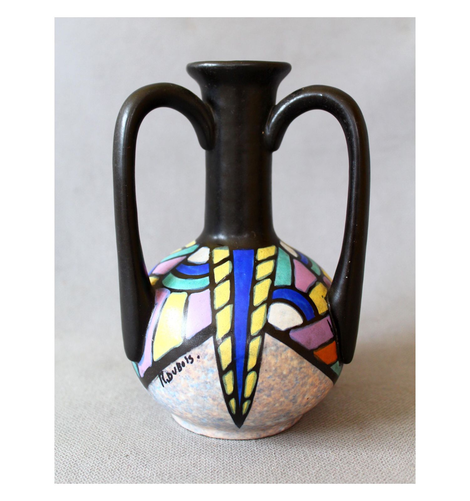 Art Deco ca. jaren 1920 Antoine Dubois Gouda Art Pottery Vaas, Drie Handvatten, Bergen Mons België, Keramische Vaas, Knopvaas, Gesigneerd, Handgeschilderd