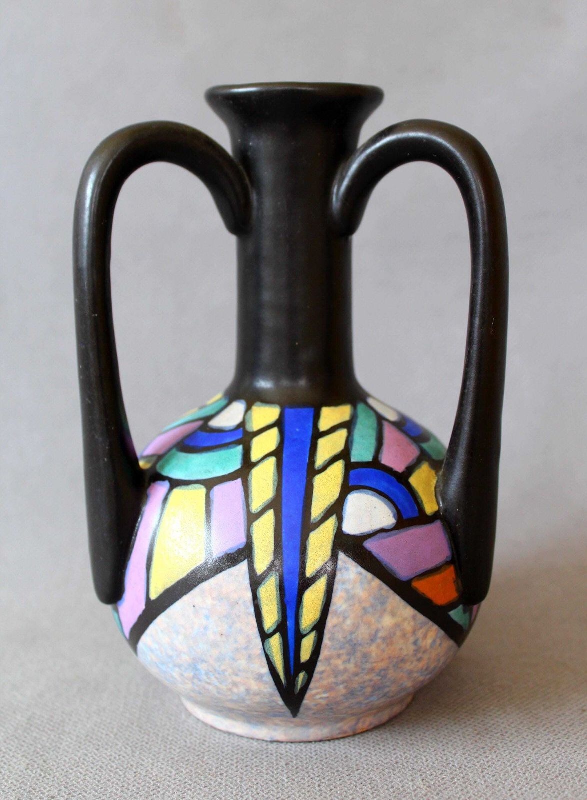 Home Decor Art Deco Circa 1920s Antoine Dubois Gouda Art Pottery Vase, Three Handles, Bergen Mons Belgium, Ceramic Vase, Bud Vase, Signed, Hand Painted photo