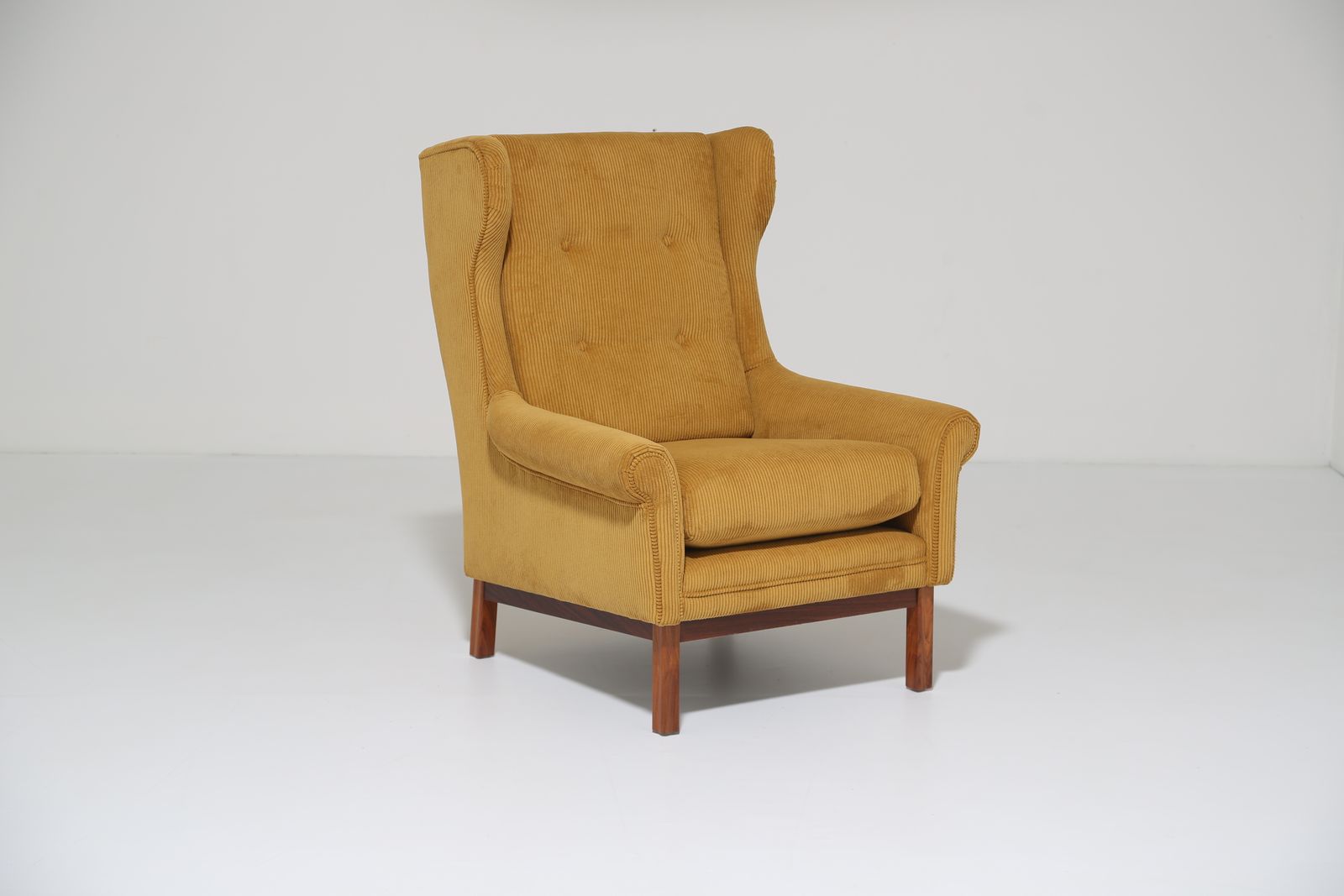photo vinterior Vintage Danish Mustard Gold Corduroy Wingback Lounge Chair, 1960s.