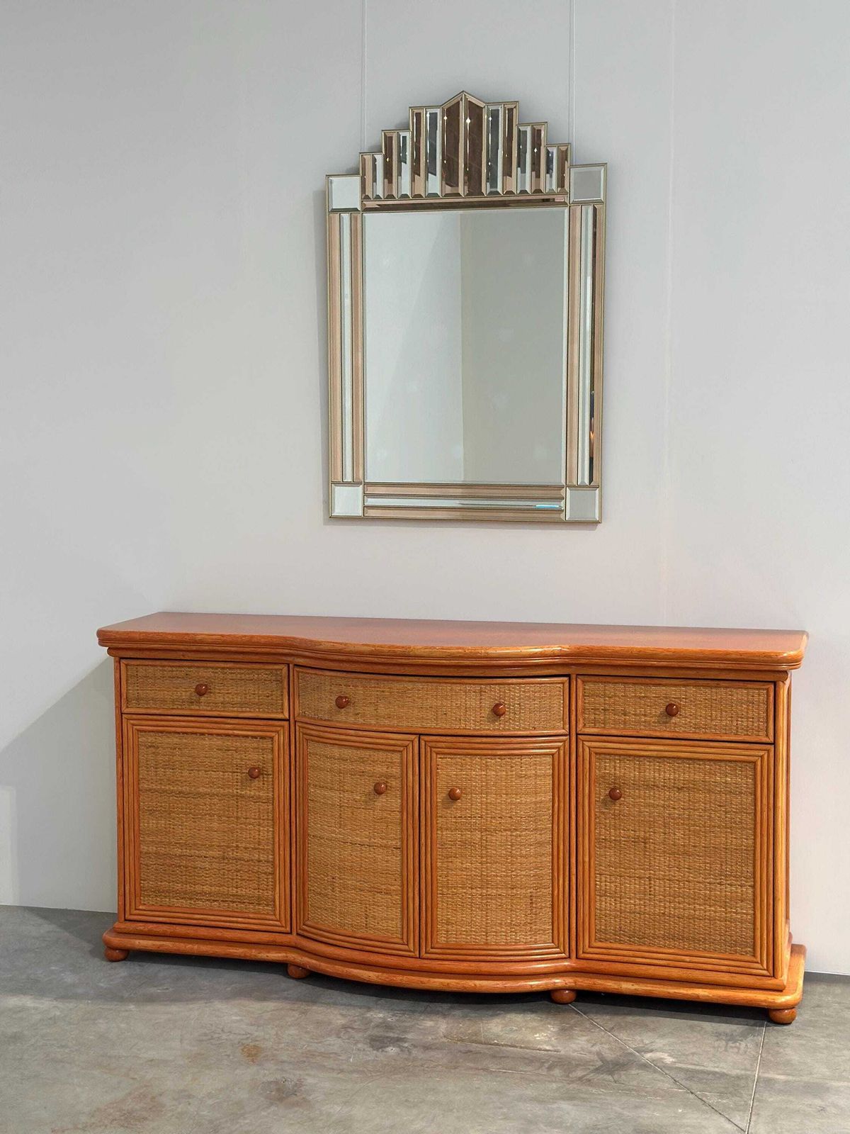 photo vintage Vintage Rattan & Wood Orange Curved Sideboard, 1980s