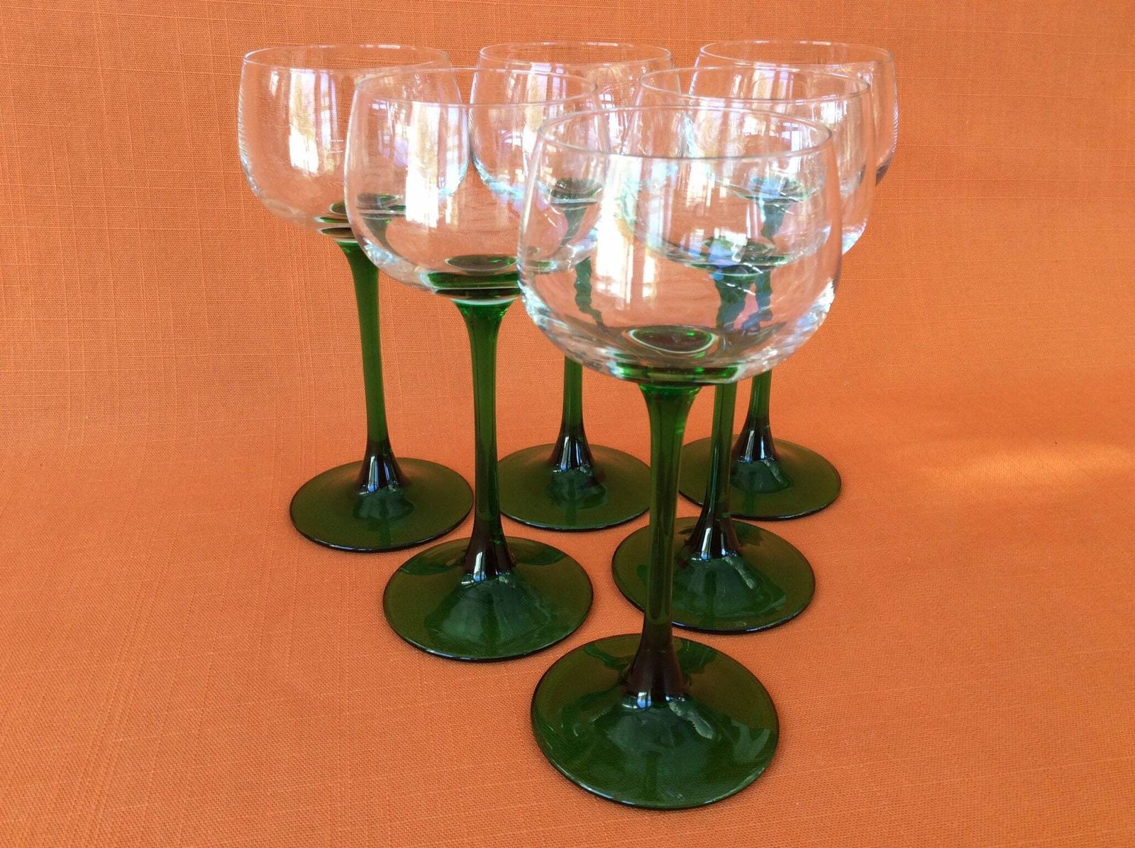 Retro Luminarc Groene Stengelglazen, Hockglazen (Set van 6), Wijnglazen jaren 1970
